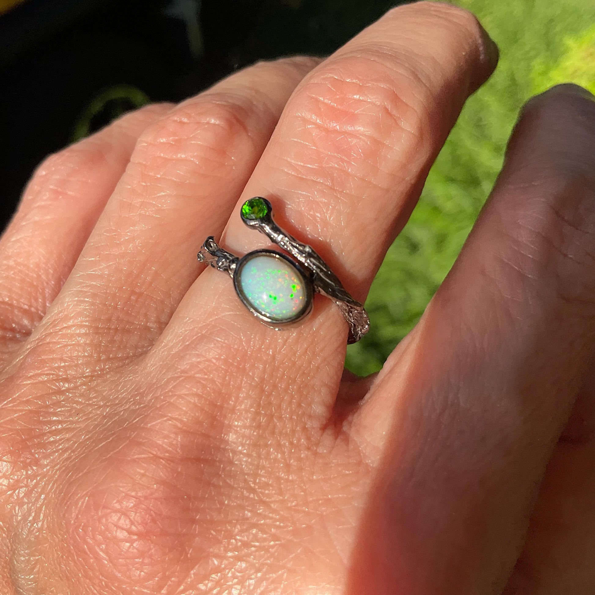 Sterling Silver Natural rainbow opal dainty twig ring 6 Colors Of Etnika