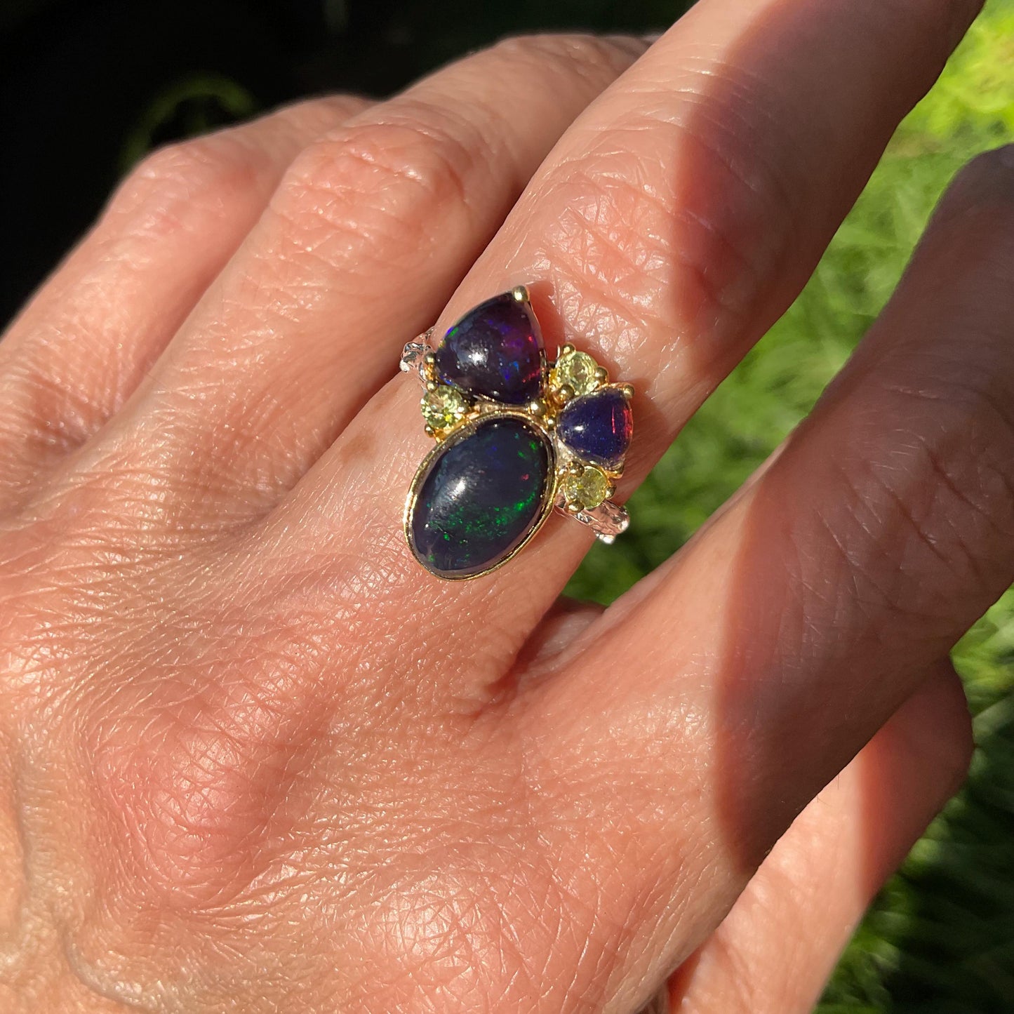 Natural black fire opal peridot Sterling Silver Ring 7 Colors Of Etnika