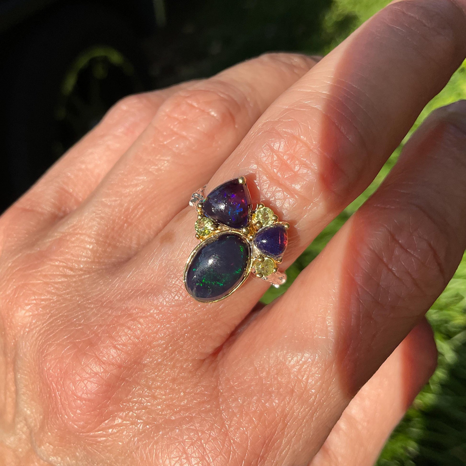 Natural black fire opal peridot Sterling Silver Ring 7 Colors Of Etnika