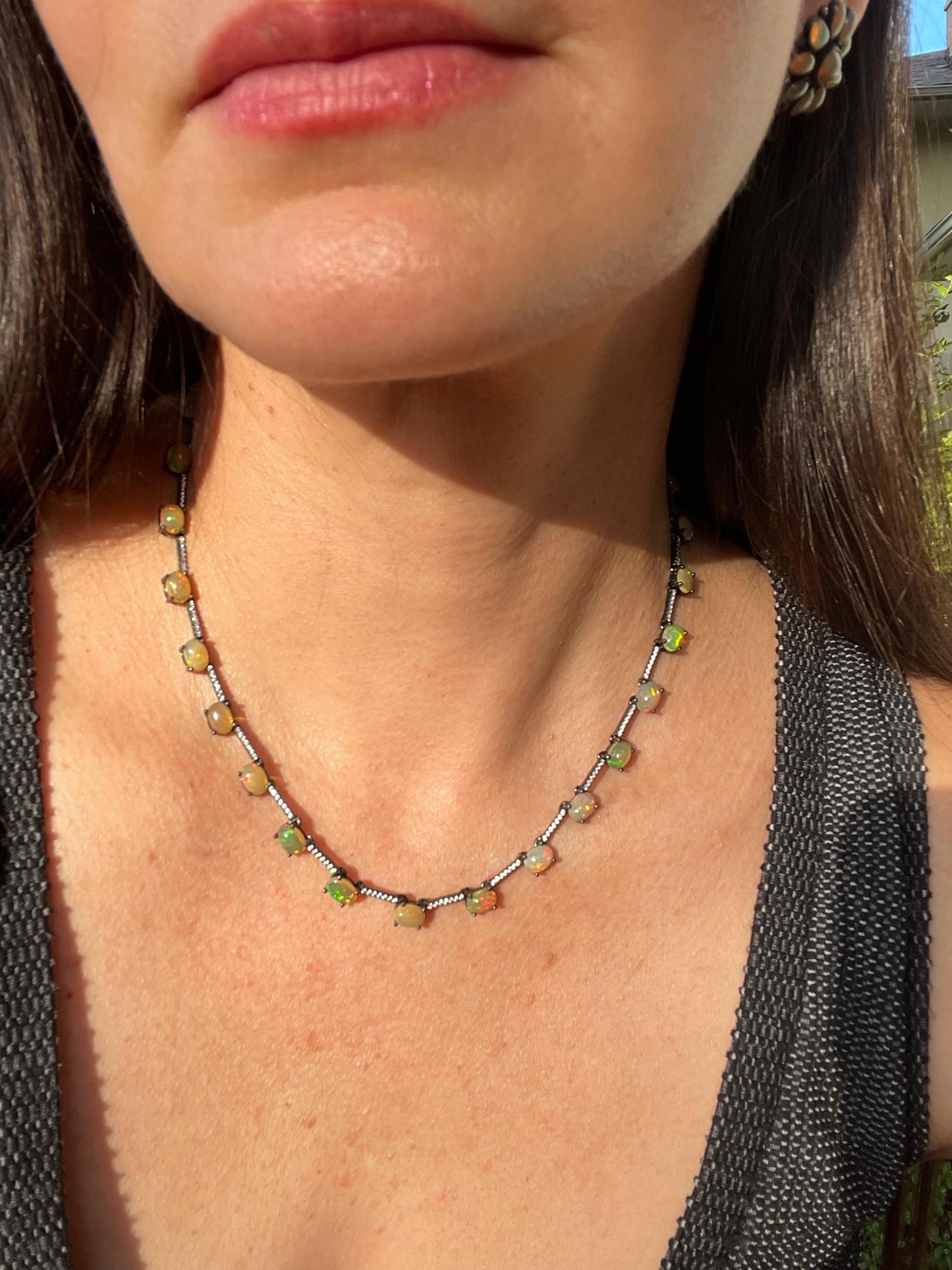 Sterling Silver rainbow  natural opal   Necklace Choker Colors Of Etnika