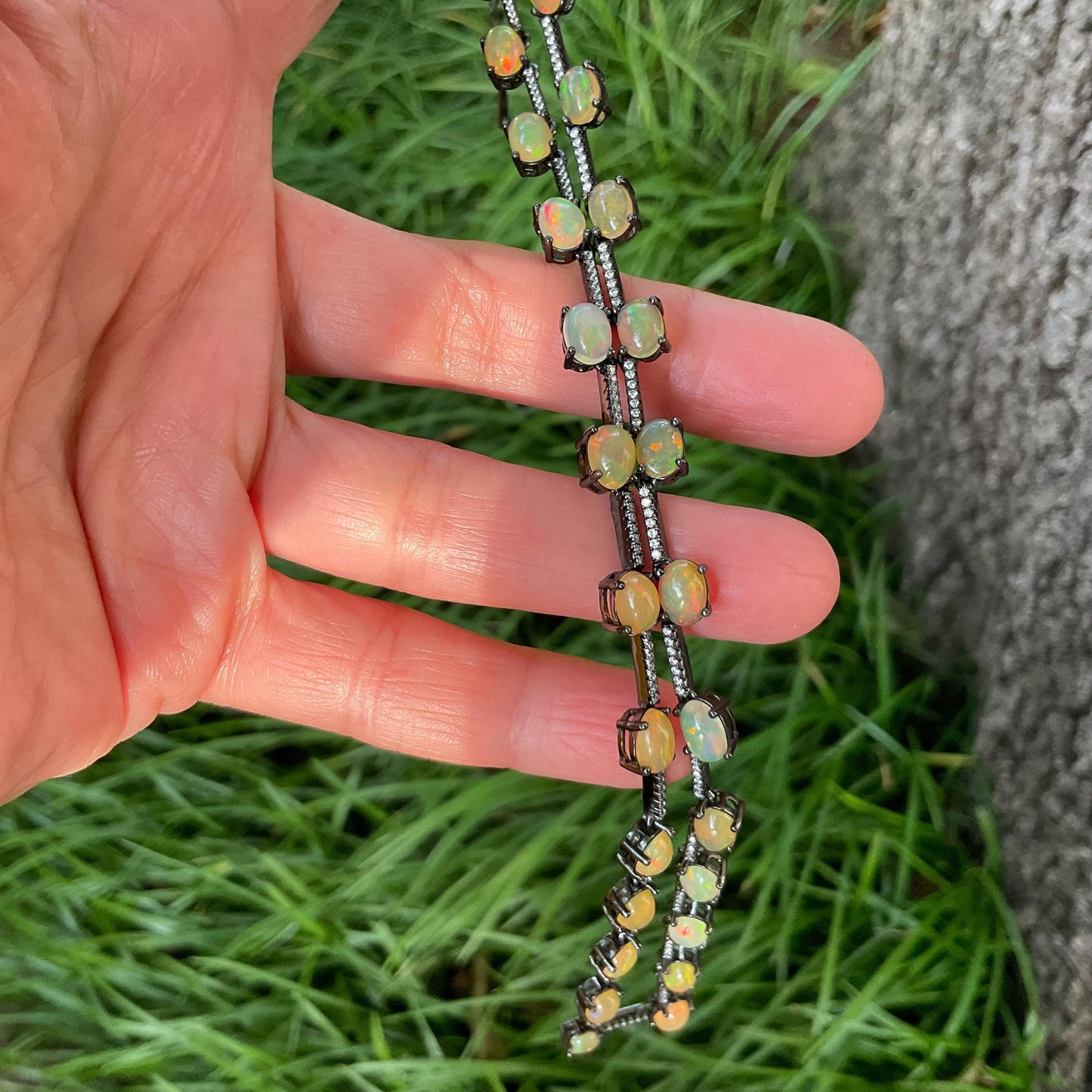 Sterling Silver rainbow  natural opal   Necklace Choker Colors Of Etnika