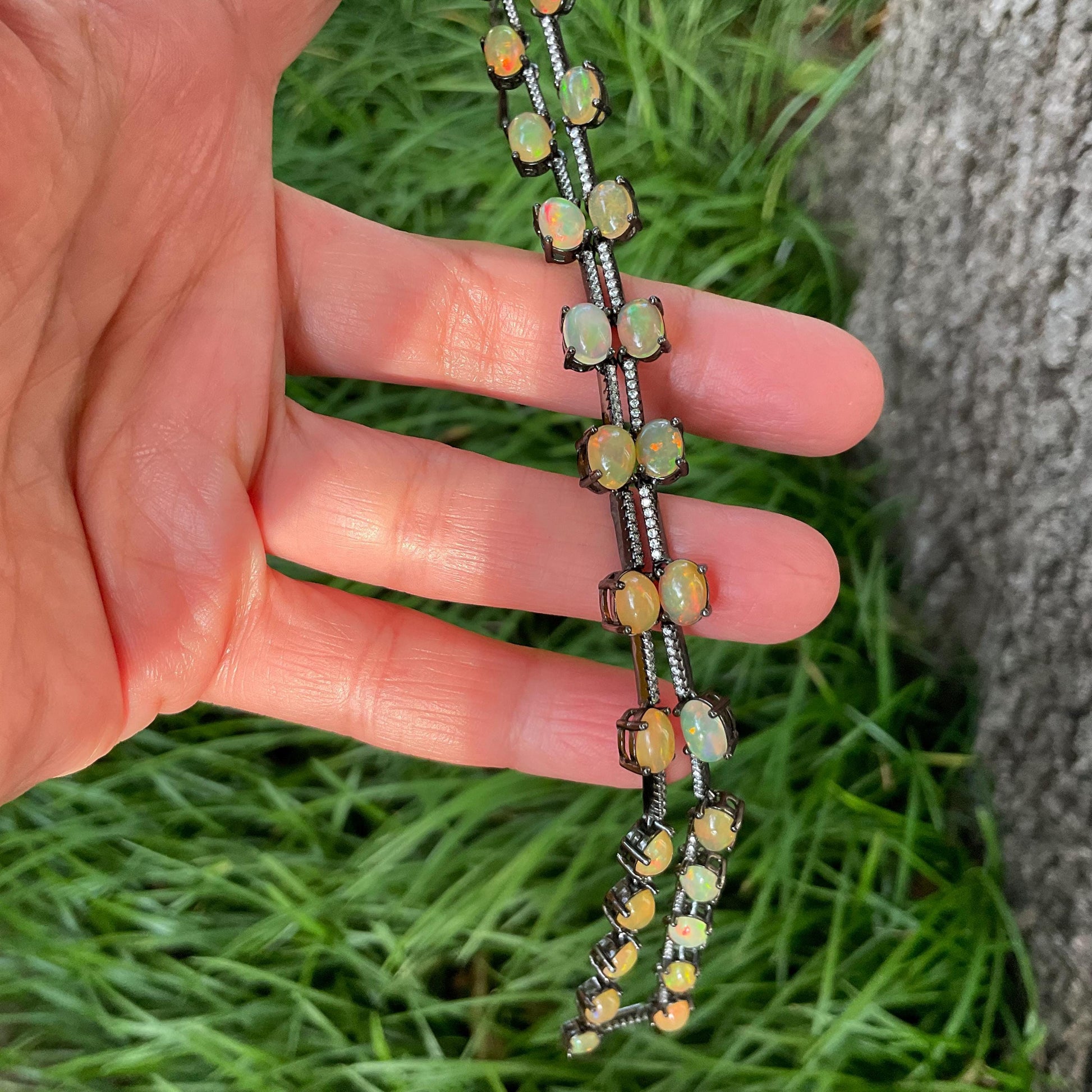 Sterling Silver rainbow  natural opal   Necklace Choker Colors Of Etnika