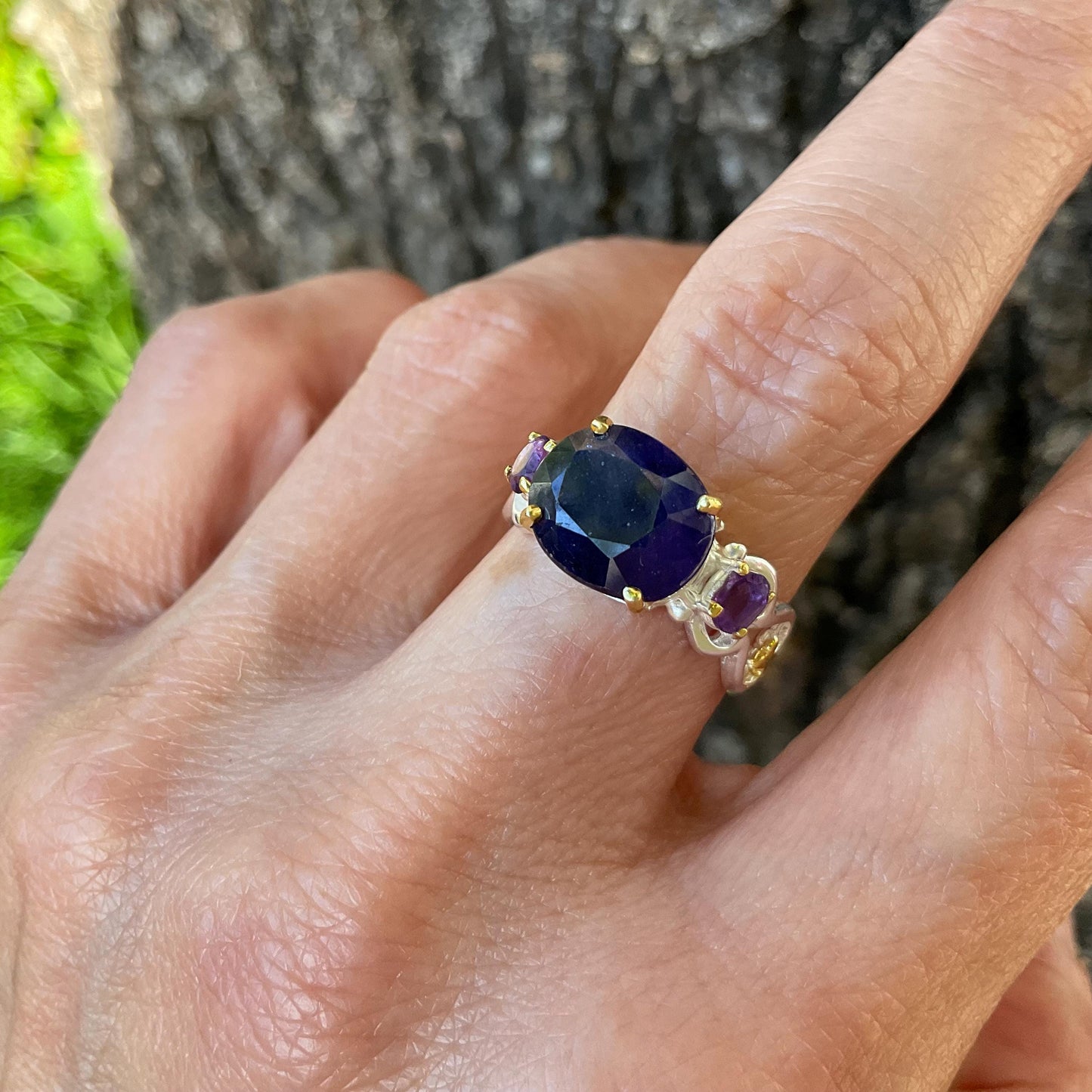 Sterling Silver Natural Blue Sapphire amethyst Ring 7 Colors Of Etnika