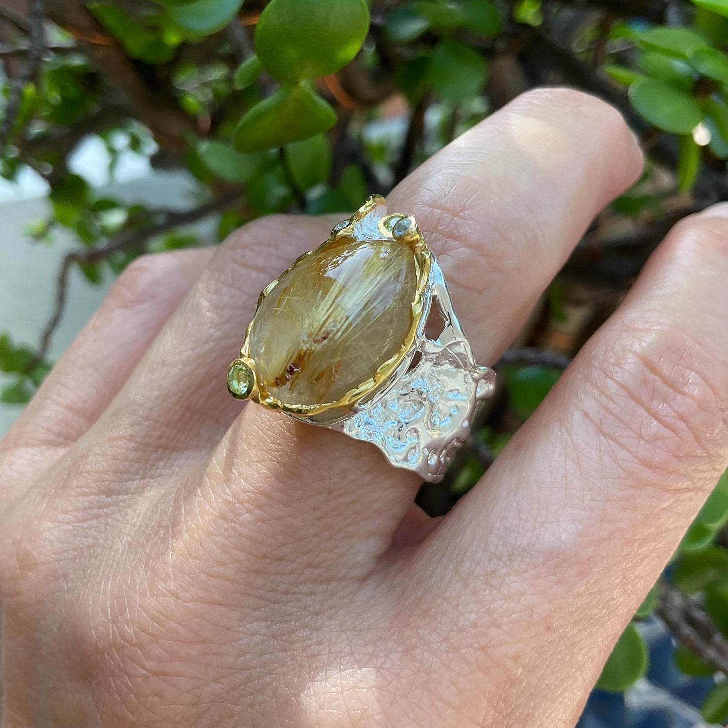 Sterling silver natural golden rutile quartz  band ring 8 Colors Of Etnika