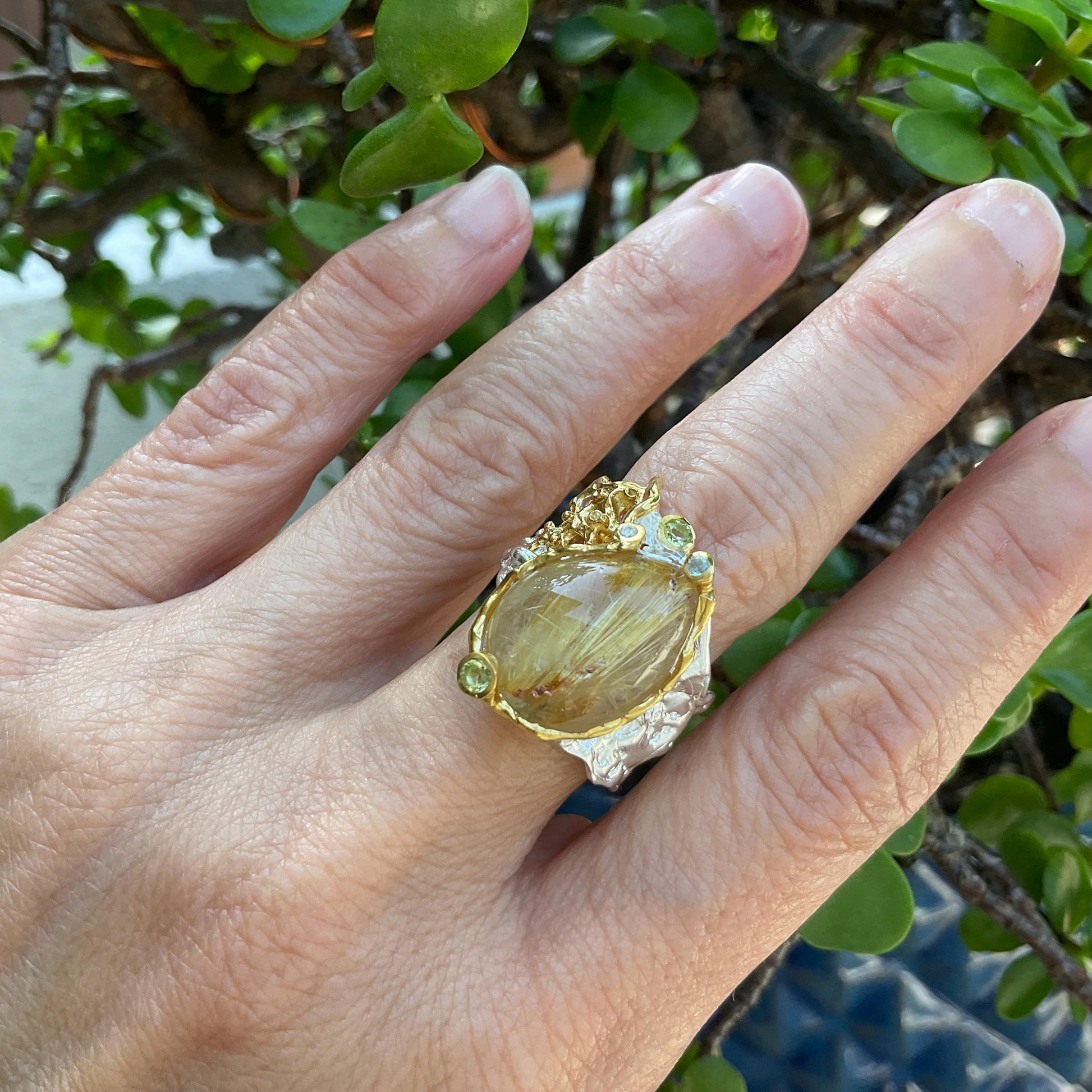 Sterling silver natural golden rutile quartz  band ring 8 Colors Of Etnika