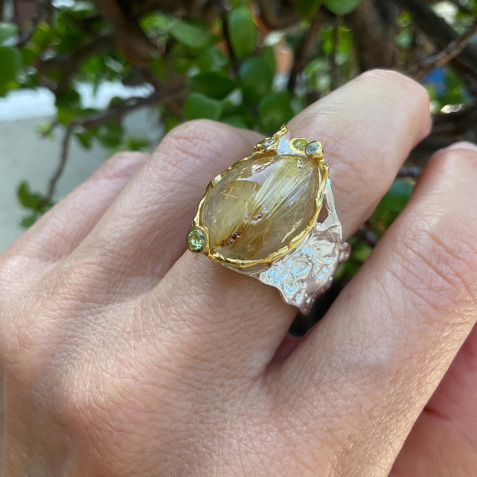 Sterling silver natural golden rutile quartz  band ring 8 Colors Of Etnika