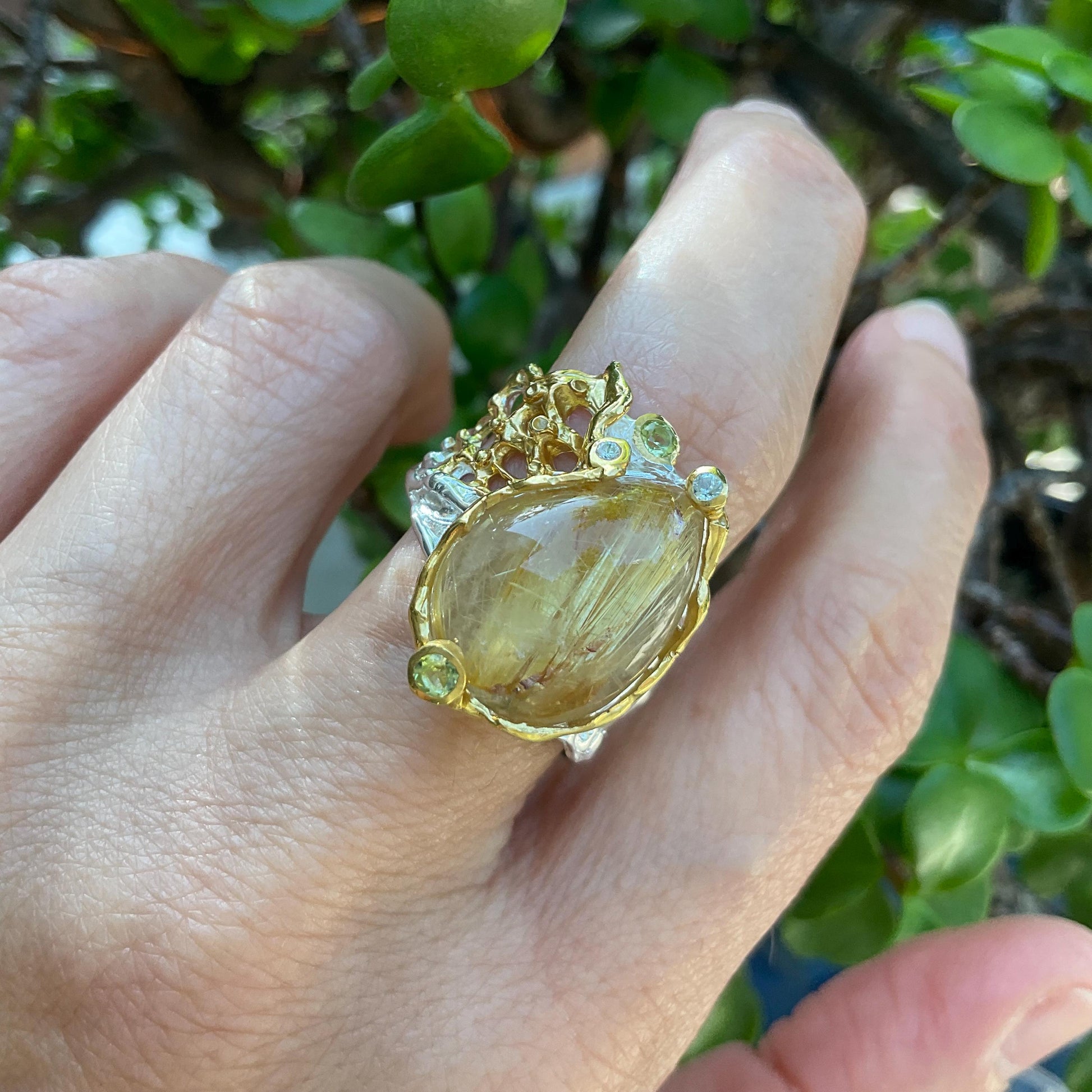 Sterling silver natural golden rutile quartz  band ring 8 Colors Of Etnika
