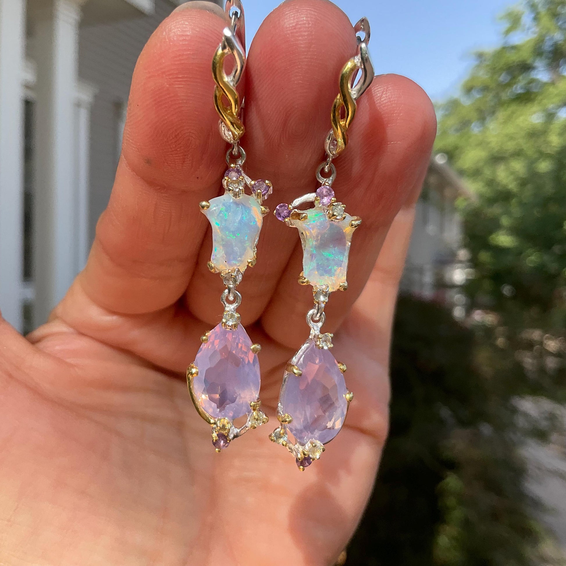 Sterling Silver Natural rainbow Opal lavender quartz dangle earrings Colors Of Etnika