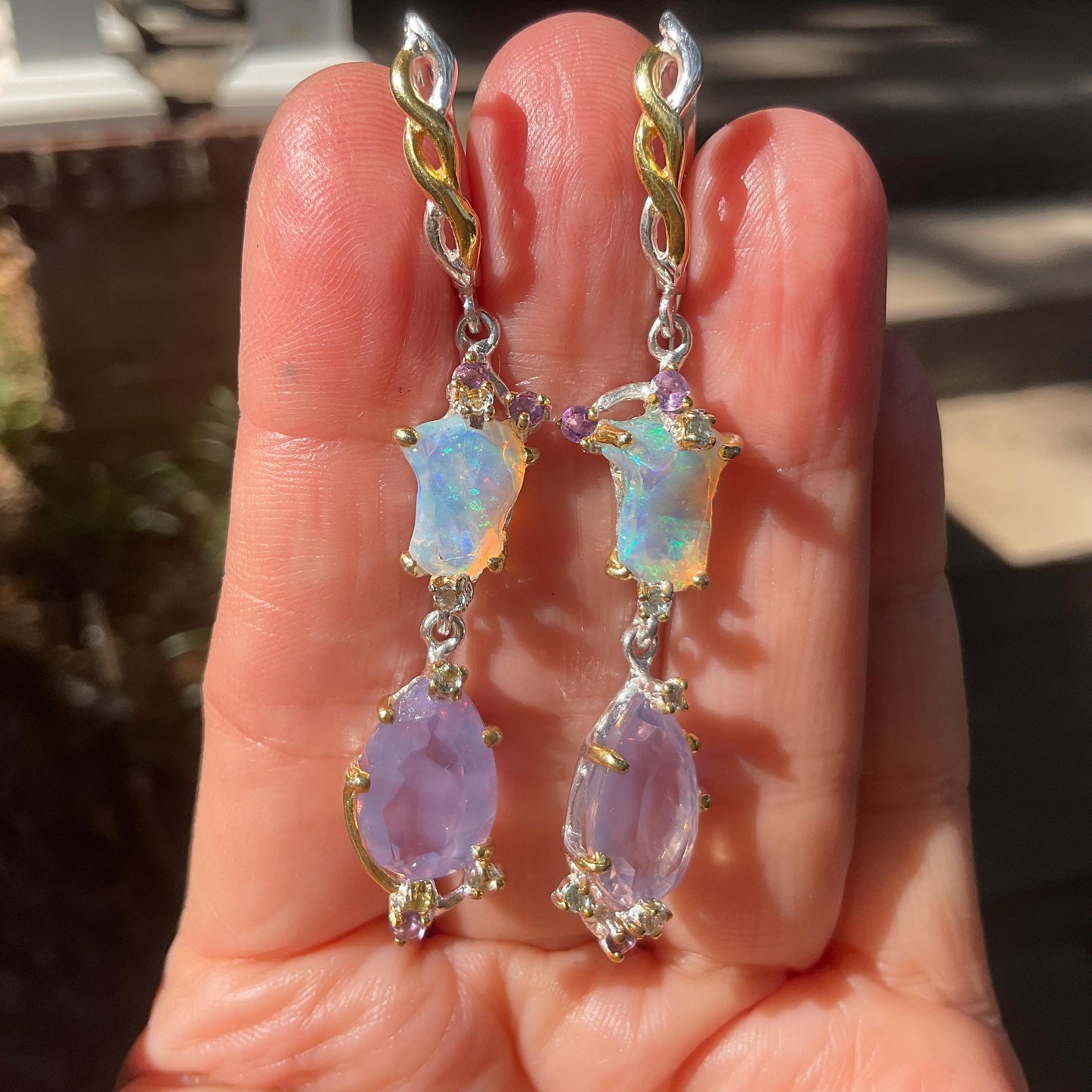 Sterling Silver Natural rainbow Opal lavender quartz dangle earrings Colors Of Etnika