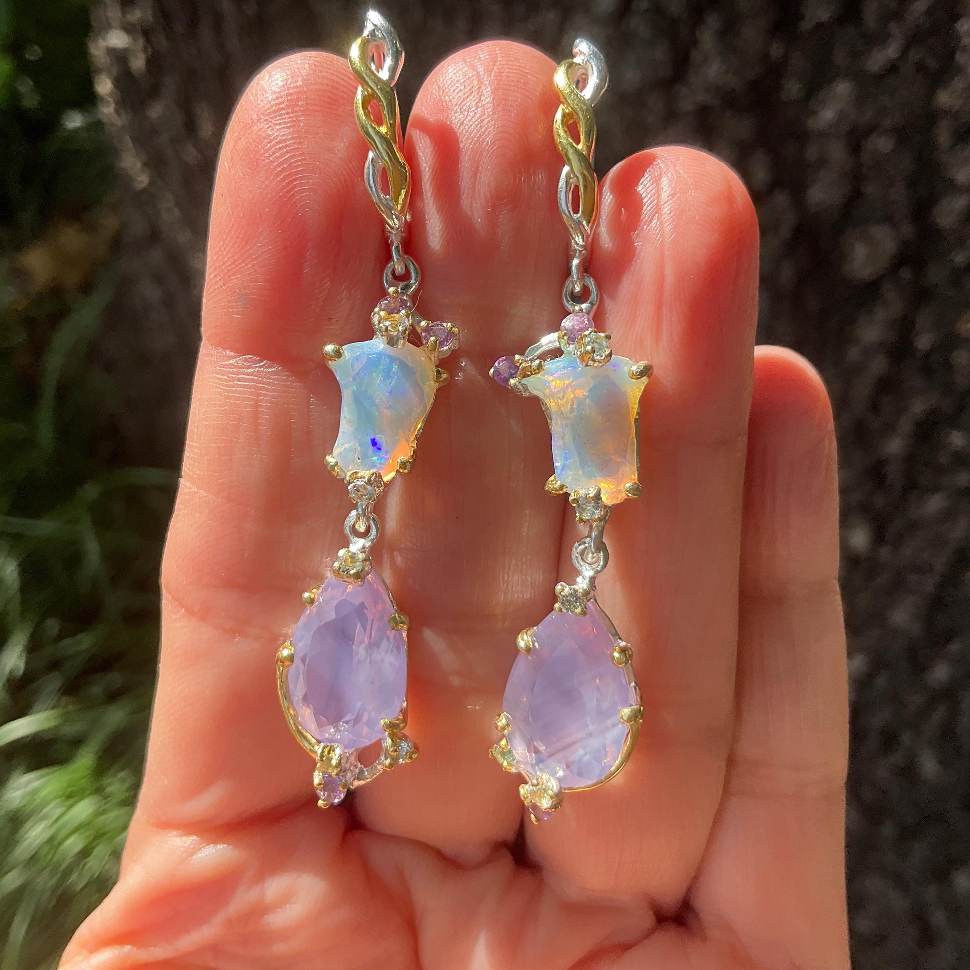 Sterling Silver Natural rainbow Opal lavender quartz dangle earrings Colors Of Etnika