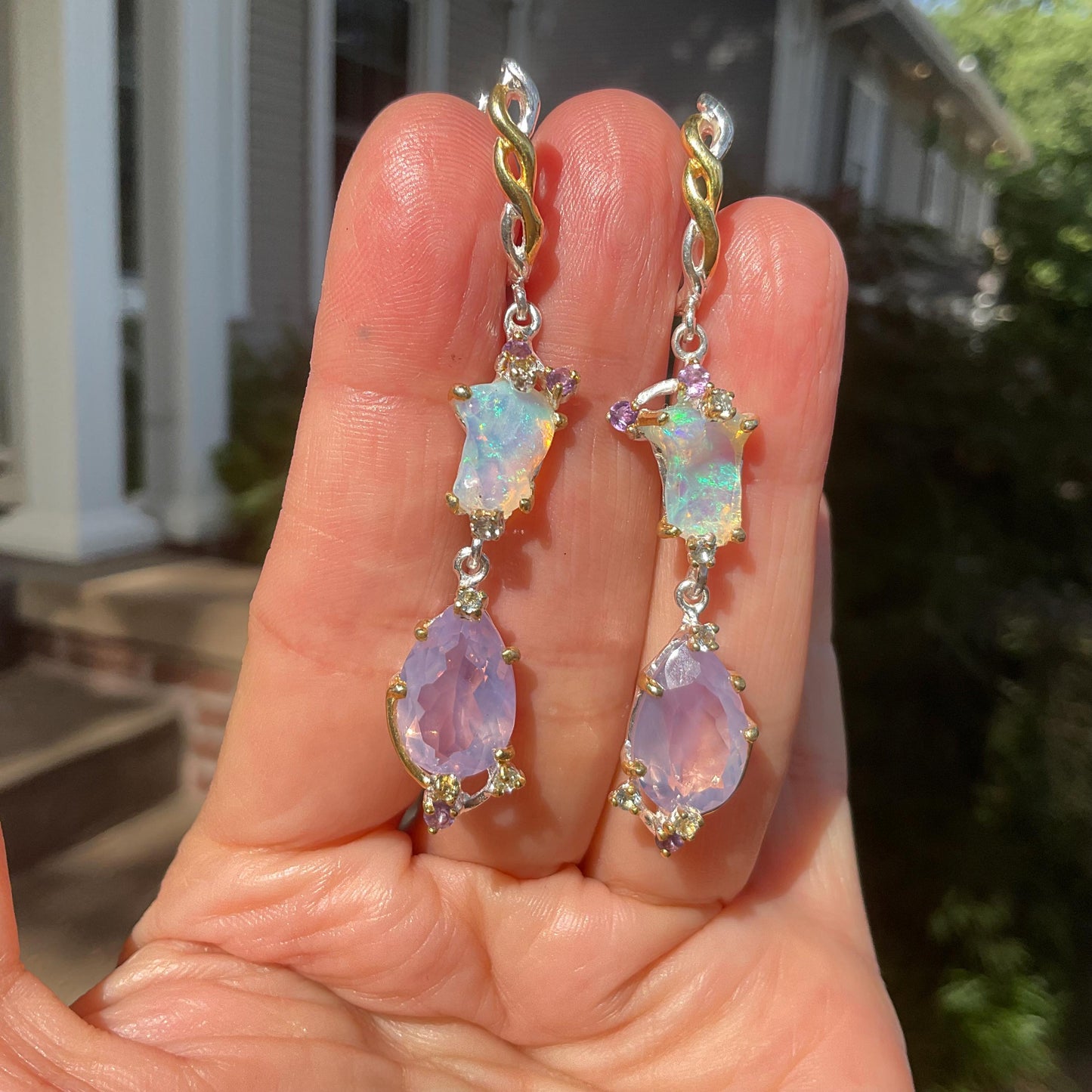 Sterling Silver Natural rainbow Opal lavender quartz dangle earrings Colors Of Etnika