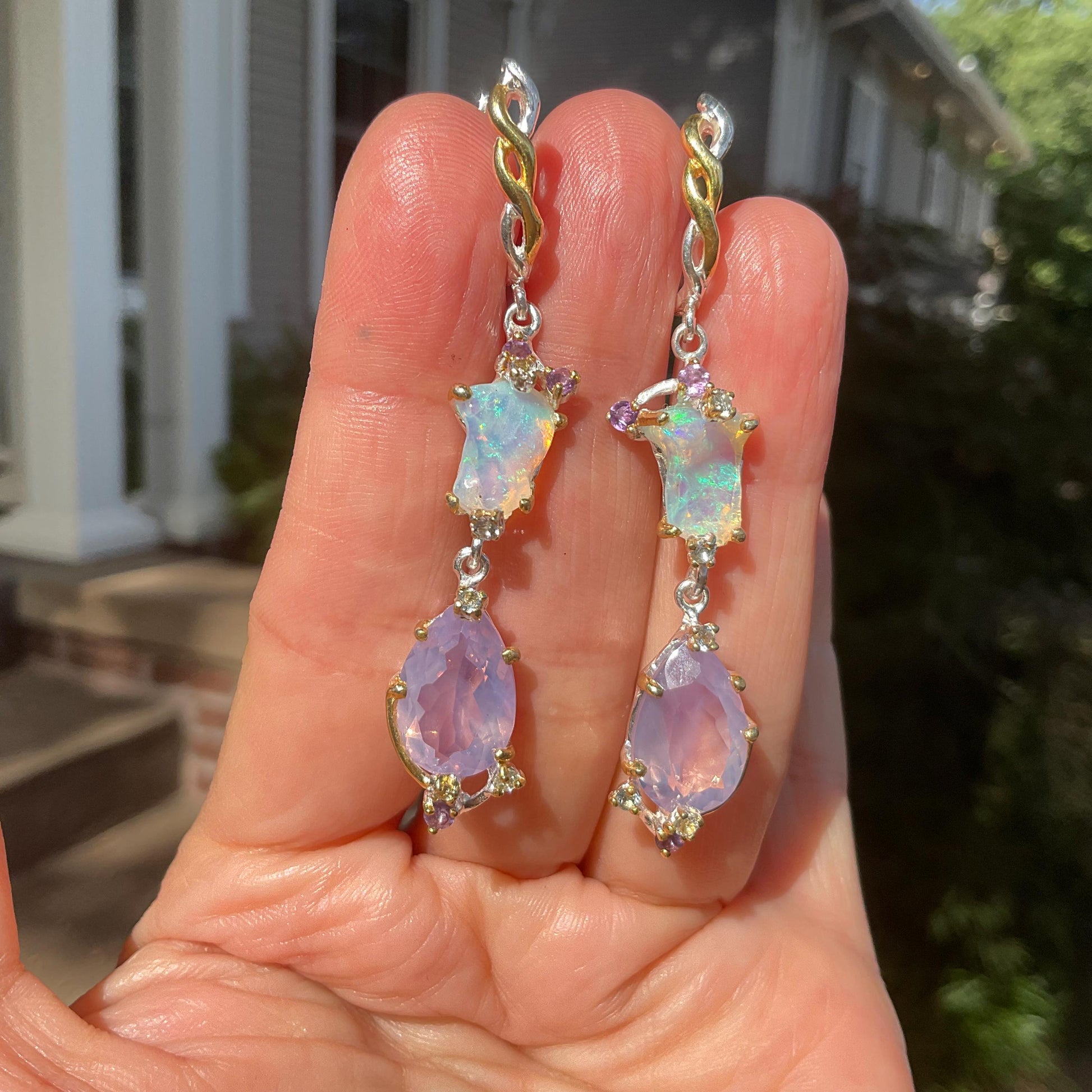 Sterling Silver Natural rainbow Opal lavender quartz dangle earrings Colors Of Etnika