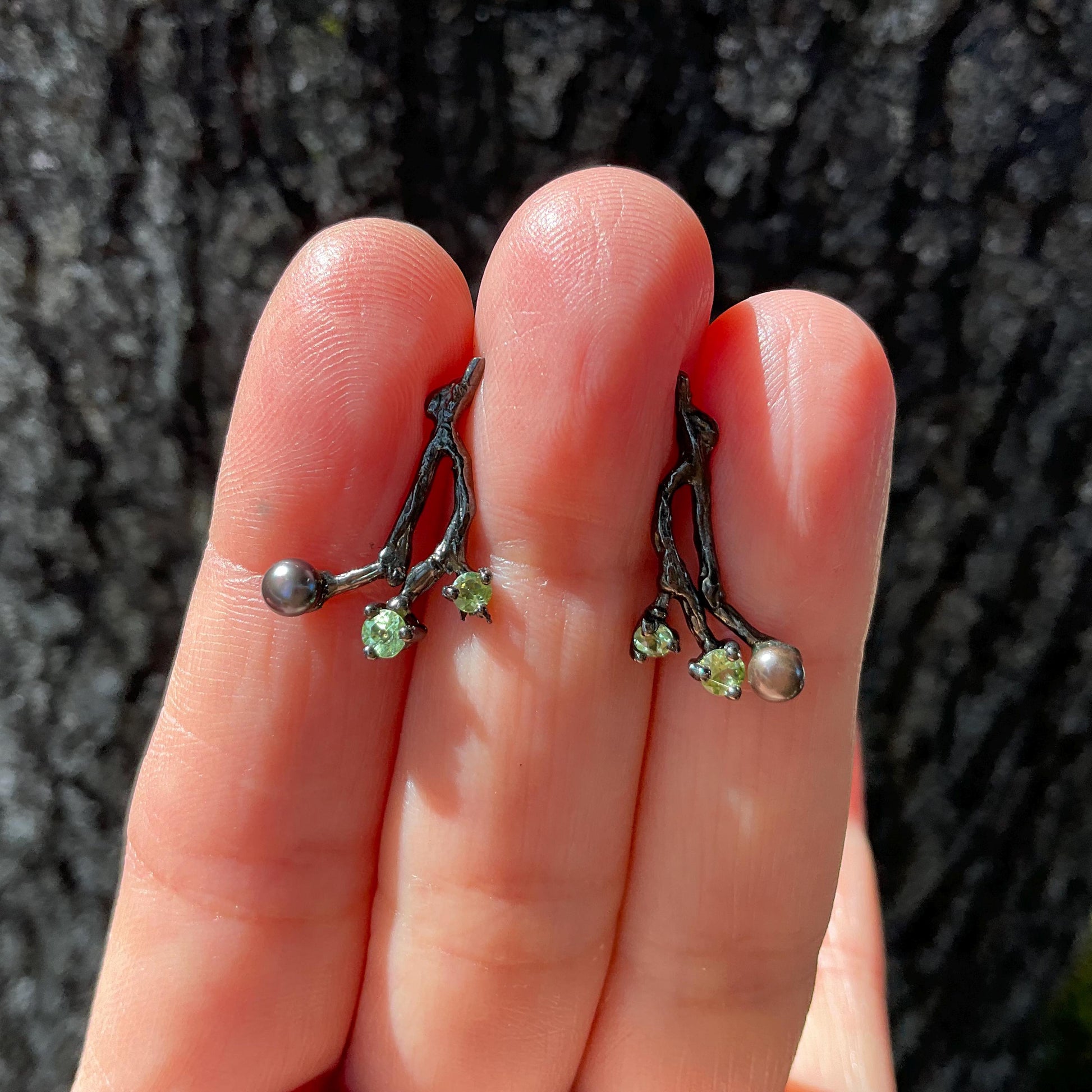 Sterling Silver twig black pearl dainty peridot earrings Colors Of Etnika
