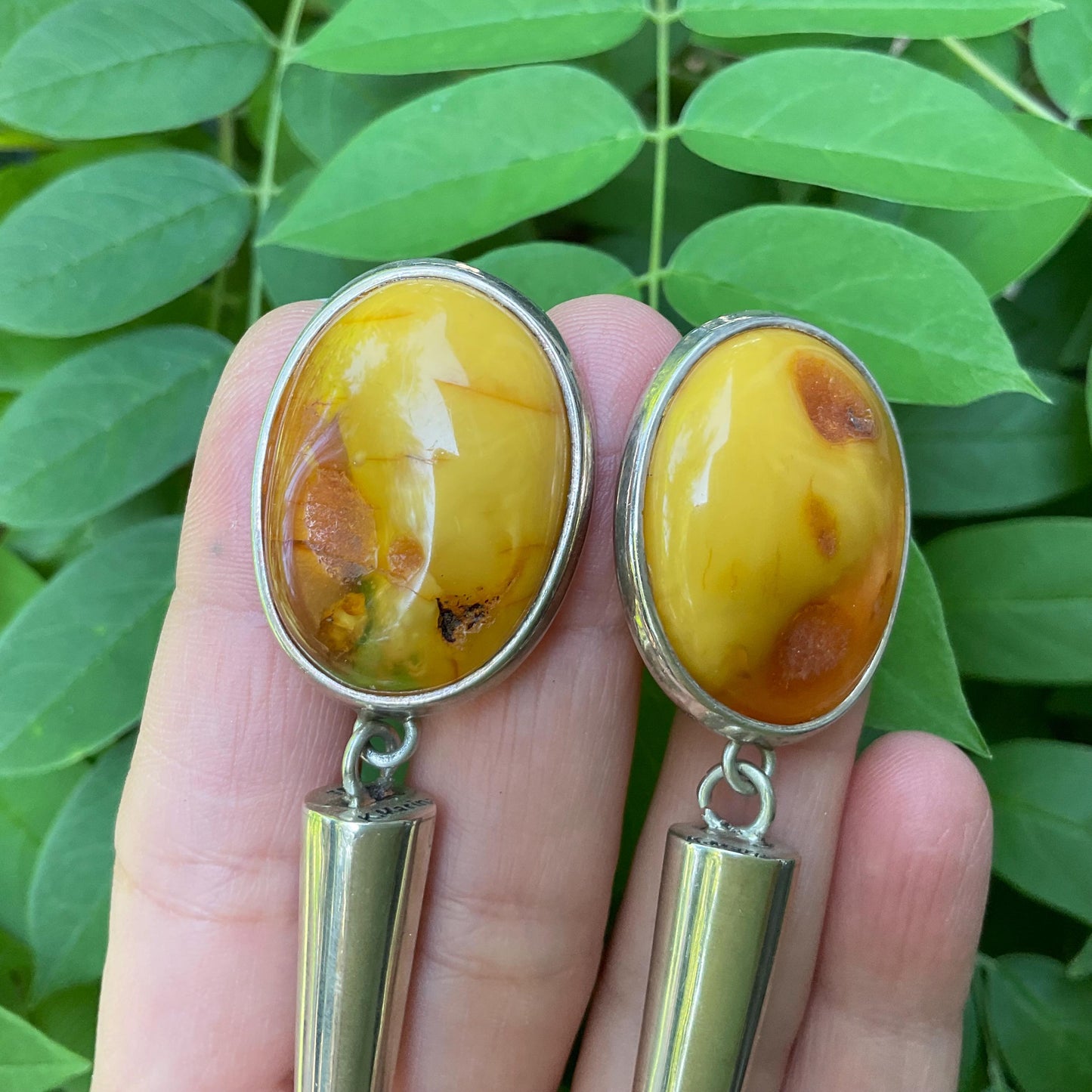 Sterling Silver butterscotch amber long dangle spike earrings 4.5” long Colors Of Etnika