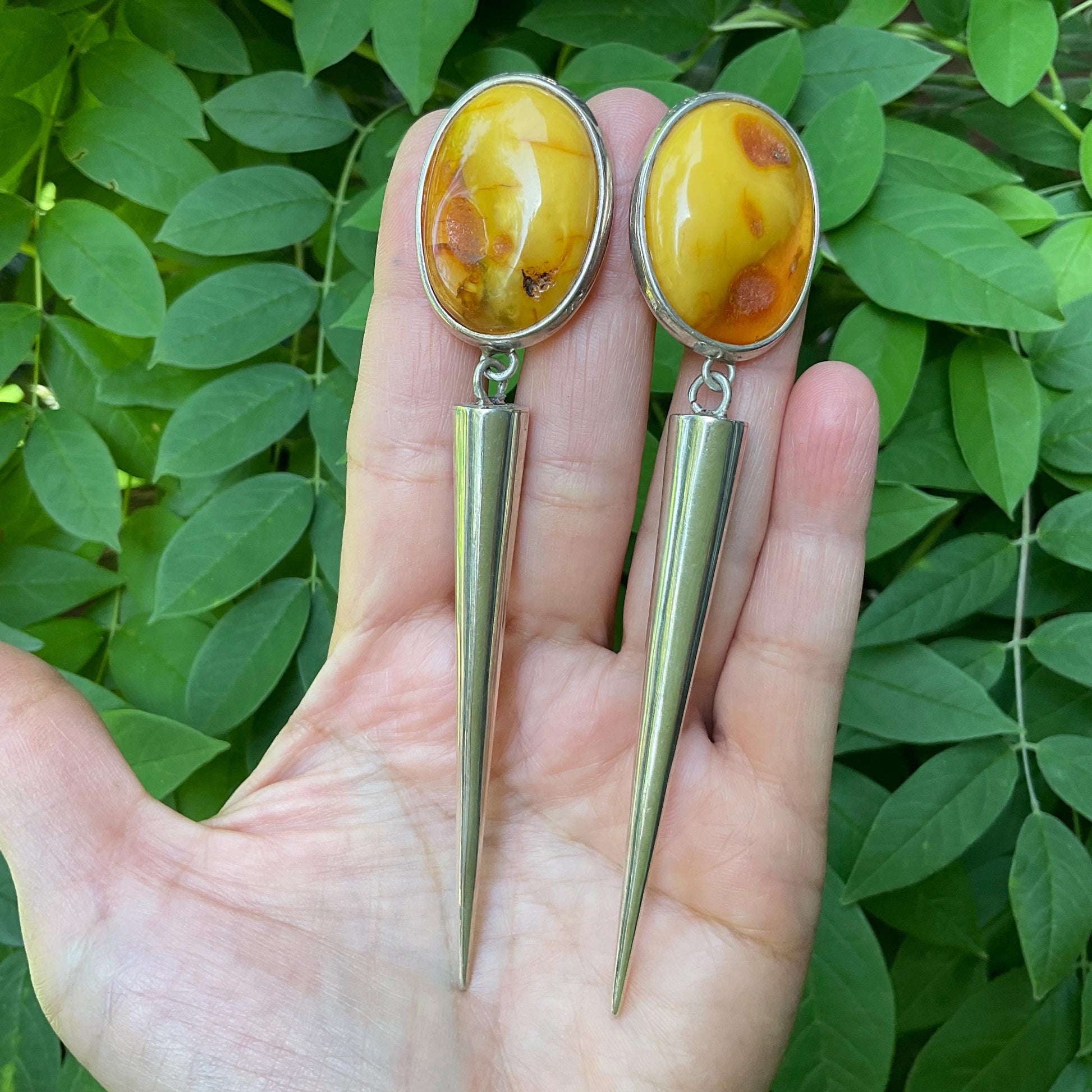 Sterling Silver butterscotch amber long dangle spike earrings 4.5” long Colors Of Etnika