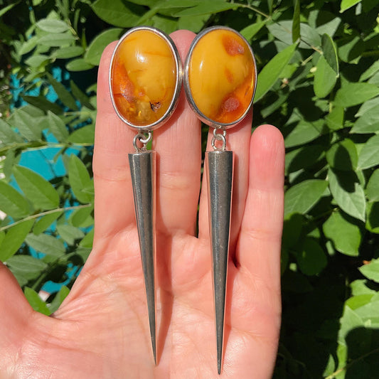 Sterling Silver butterscotch amber long dangle spike earrings 4.5” long Colors Of Etnika