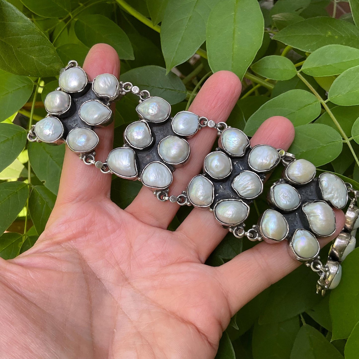 sterling silver statement natural white pearl cluster bracelet Colors Of Etnika