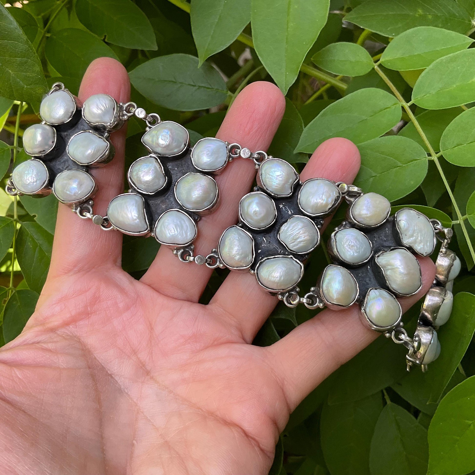 sterling silver statement natural white pearl cluster bracelet Colors Of Etnika