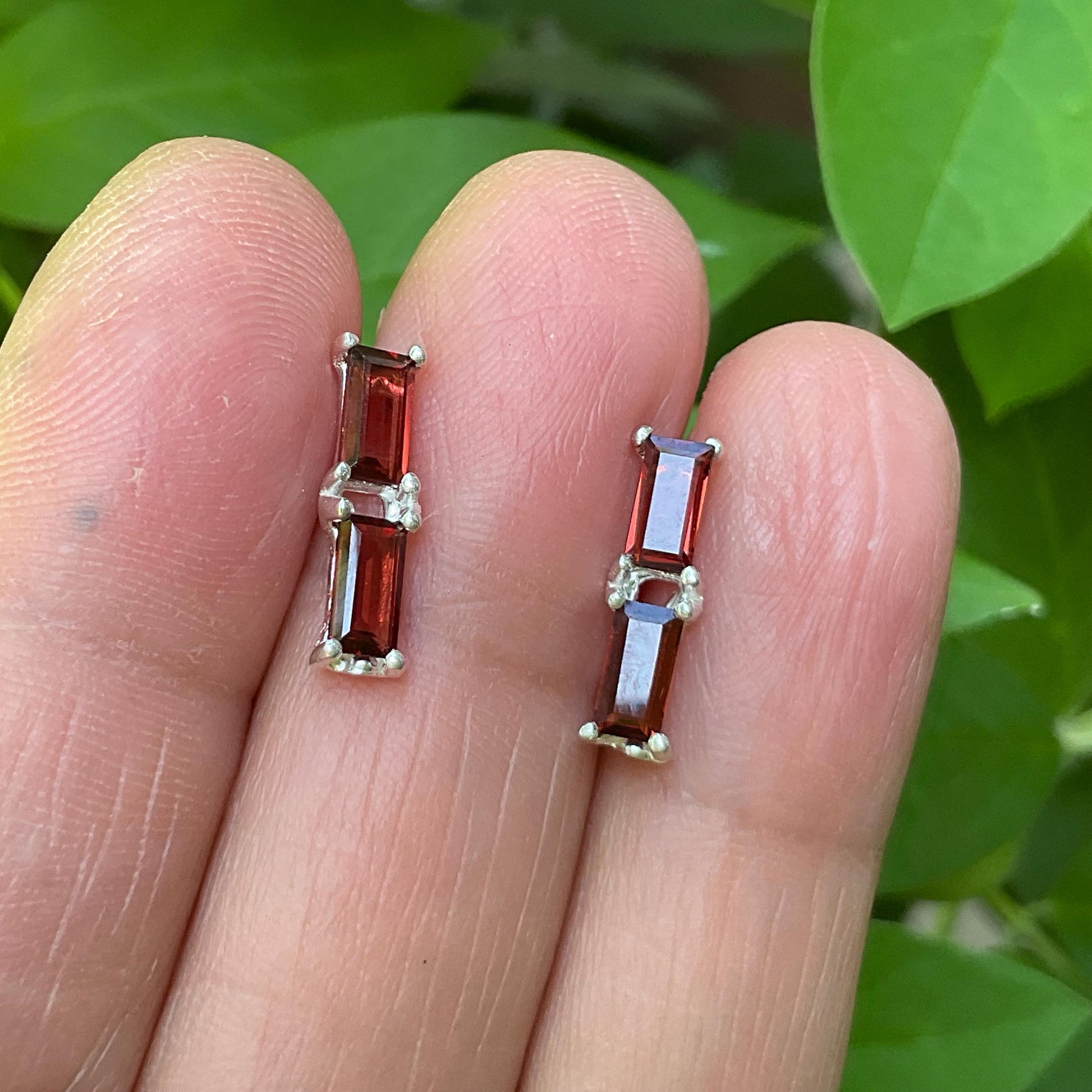 sterling Silver natural Red garnet baguette post earrings Colors Of Etnika