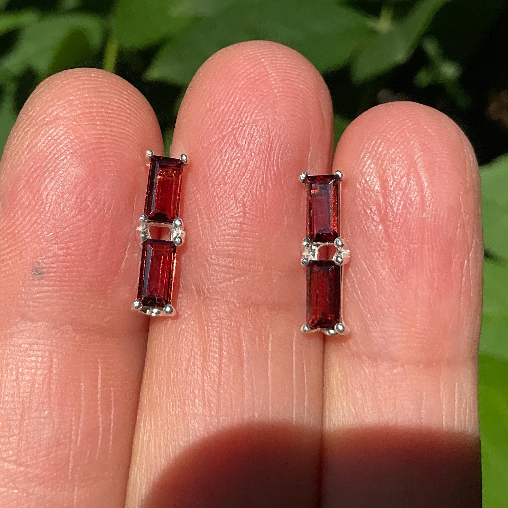 sterling Silver natural Red garnet baguette post earrings Colors Of Etnika