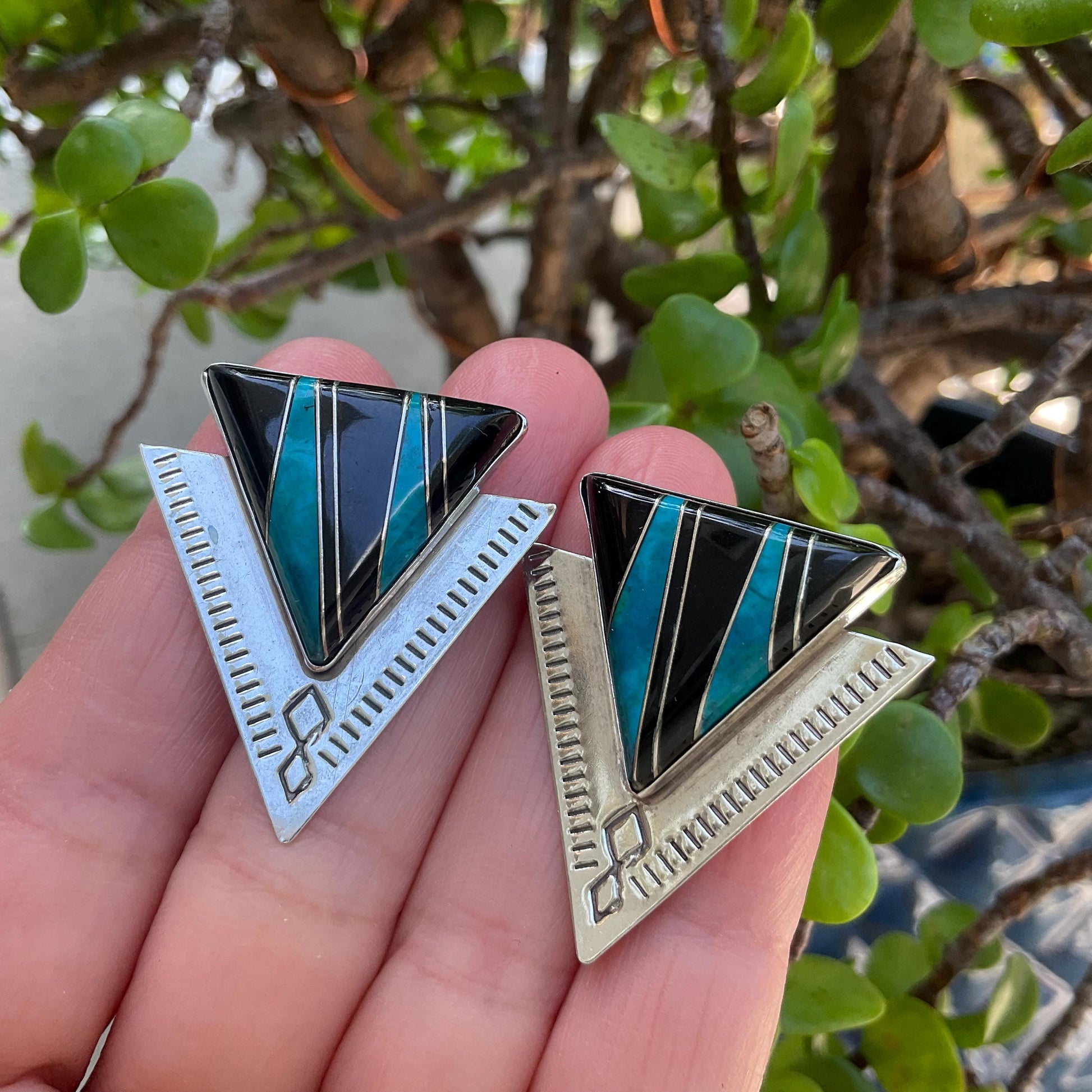 Sterling Silver black onyx turquoise inlaid earrings Colors Of Etnika