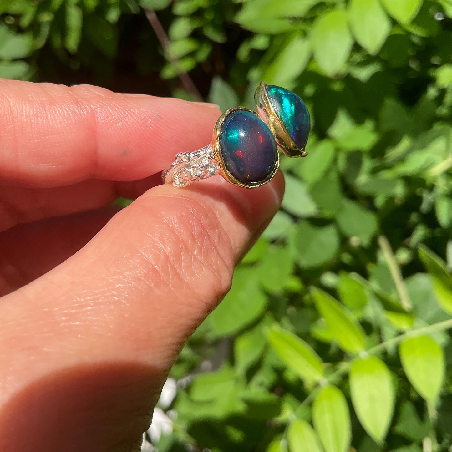 Sterling Silver Natural black fire opal open ring 8 9 Colors Of Etnika