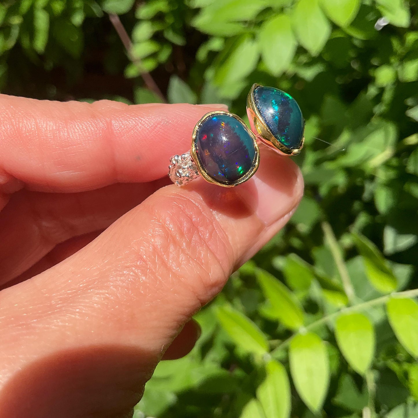 Sterling Silver Natural black fire opal open ring 8 9 Colors Of Etnika