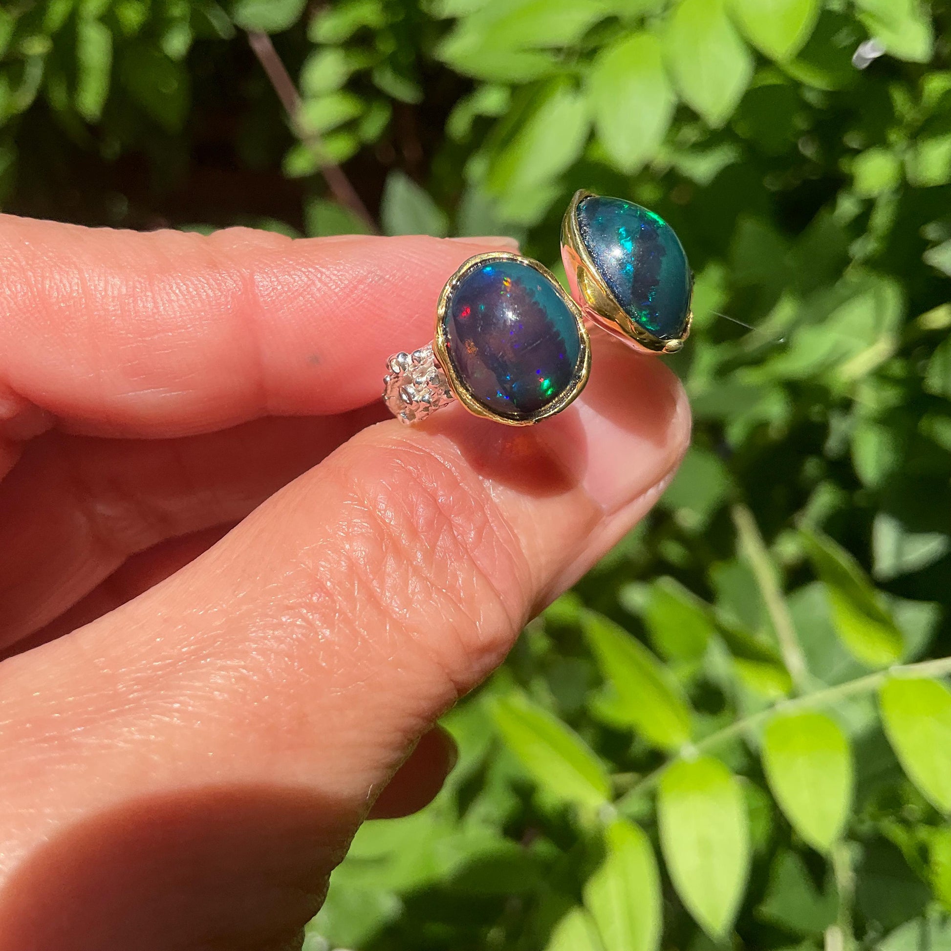 Sterling Silver Natural black fire opal open ring 8 9 Colors Of Etnika