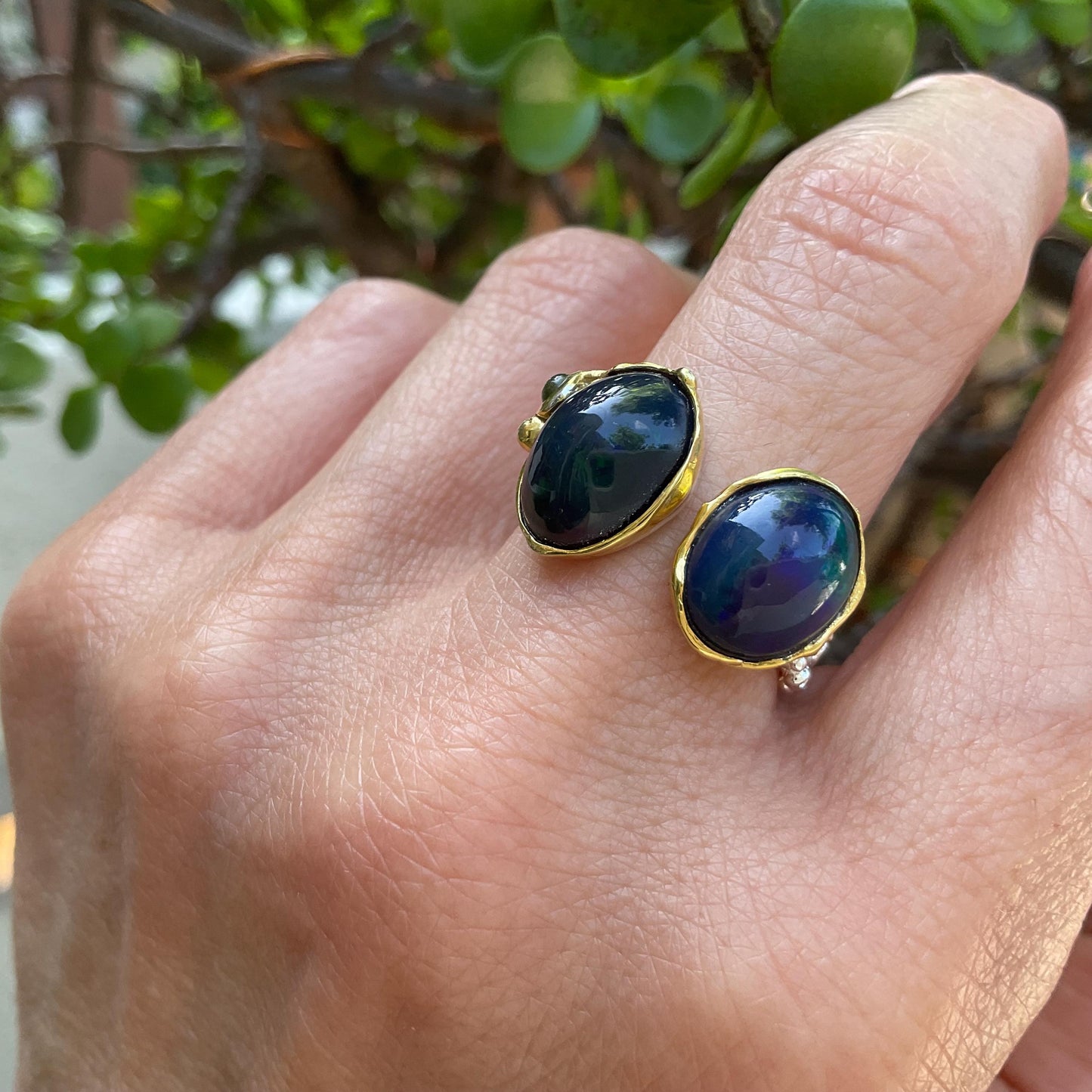 Sterling Silver Natural black fire opal open ring 8 9 Colors Of Etnika