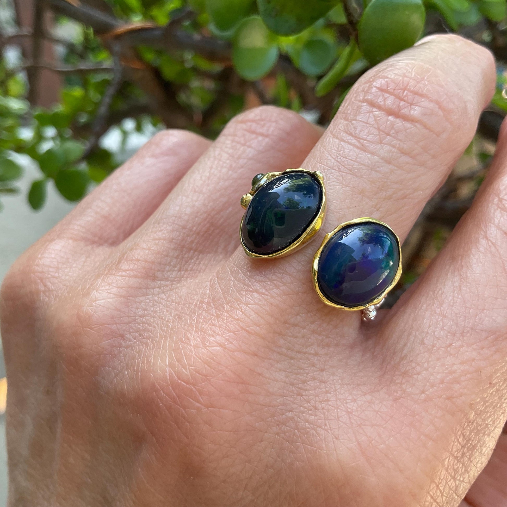 Sterling Silver Natural black fire opal open ring 8 9 Colors Of Etnika