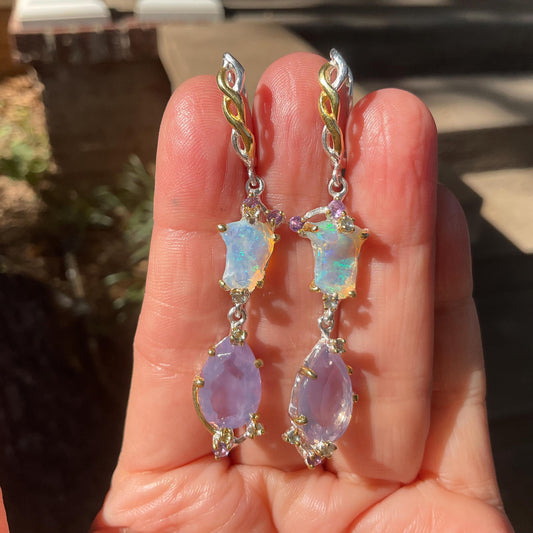 Sterling Silver Natural rainbow Opal lavender quartz dangle earrings Colors Of Etnika