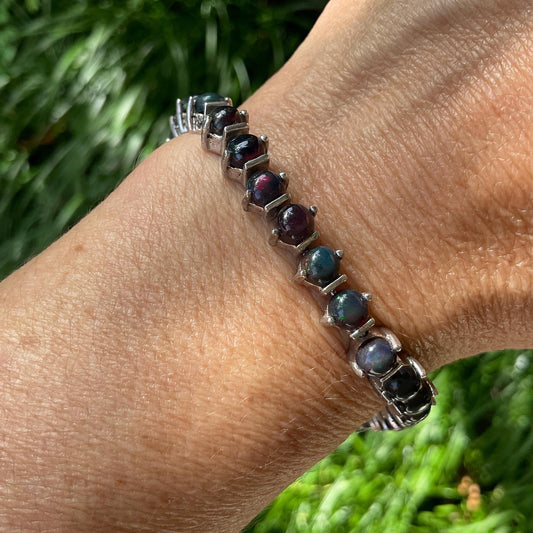 Sterling Silver Natural Black red blue Opal tenis bracelet Colors Of Etnika