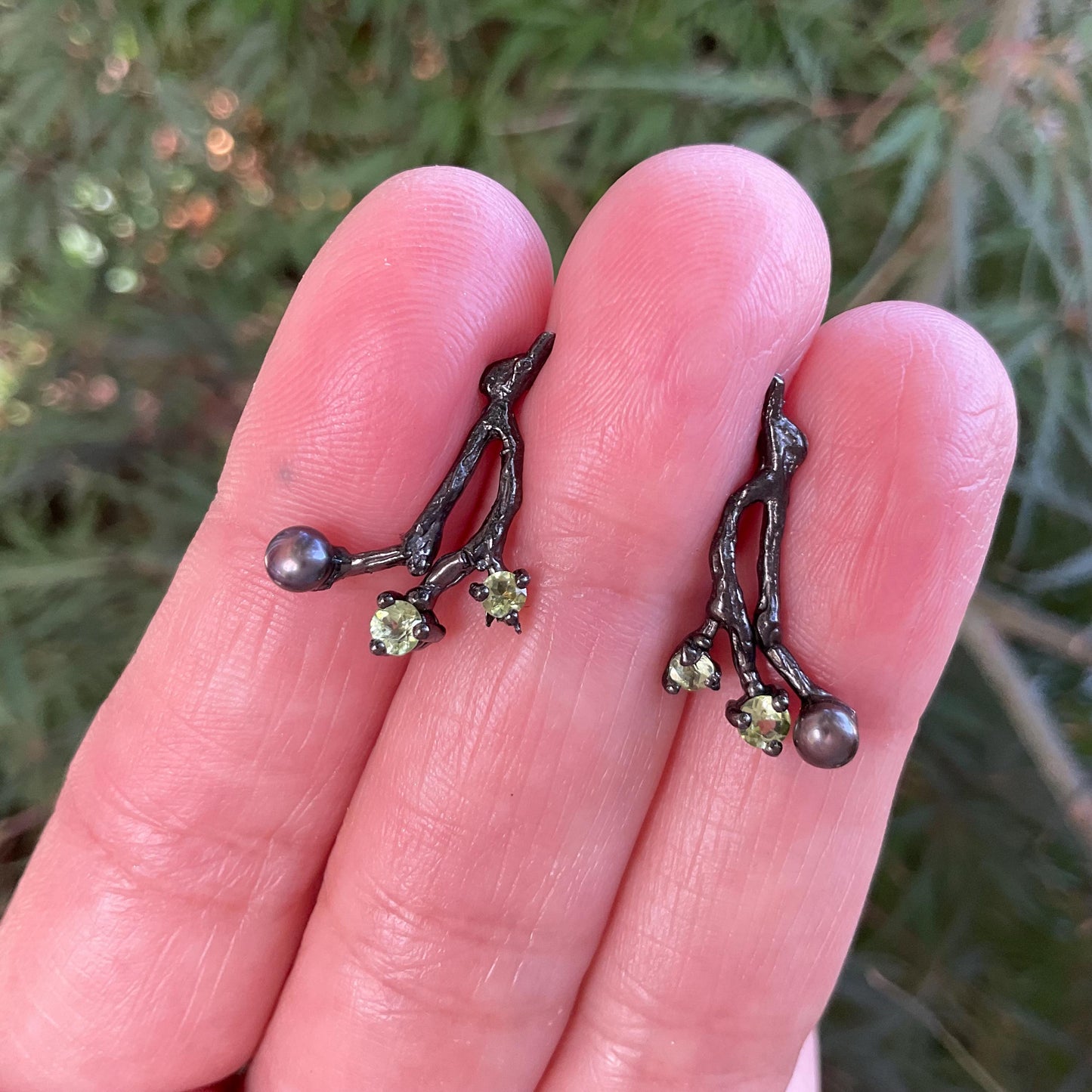 Sterling Silver twig black pearl dainty peridot earrings Colors Of Etnika