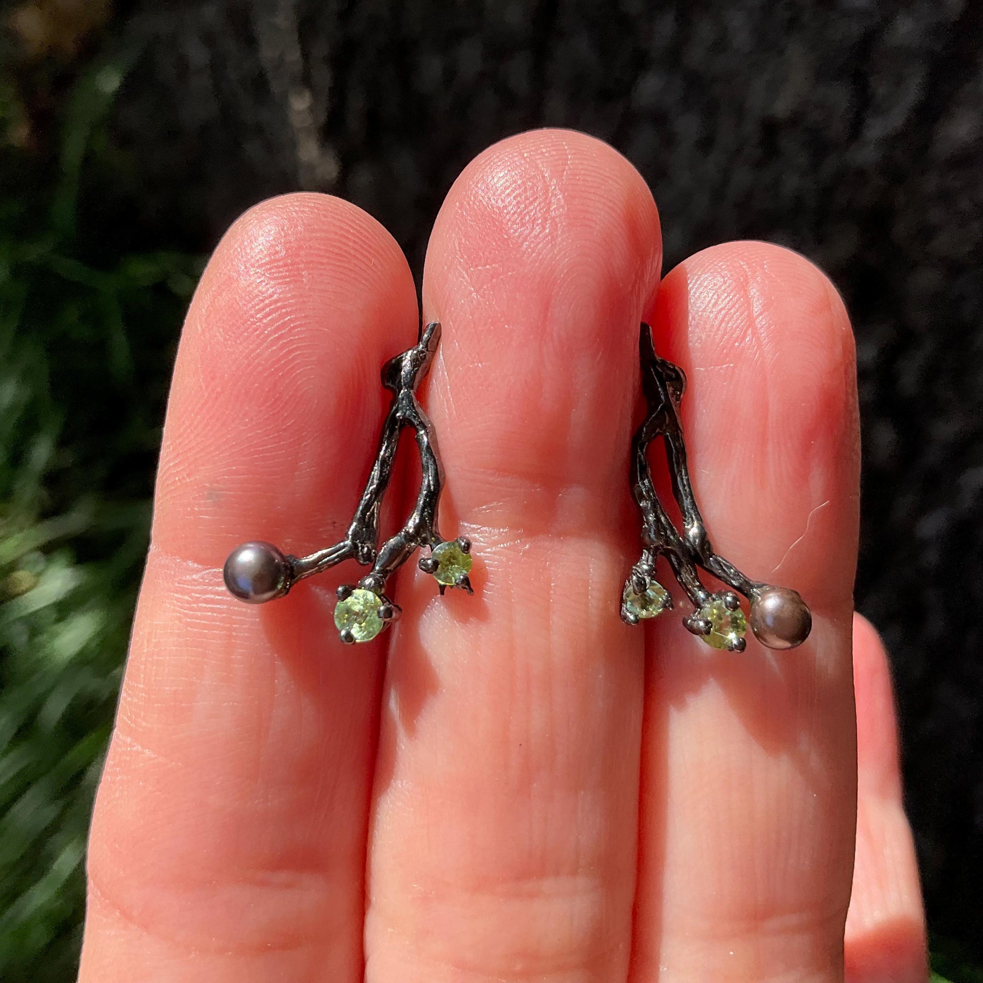 Sterling Silver twig black pearl dainty peridot earrings Colors Of Etnika