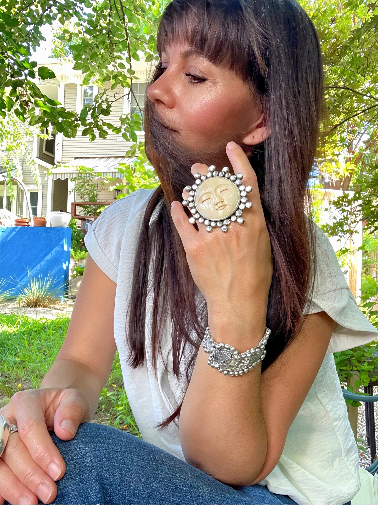 Sterling Statement huge carved sunburst cuff ring 7-9 Colors Of Etnika