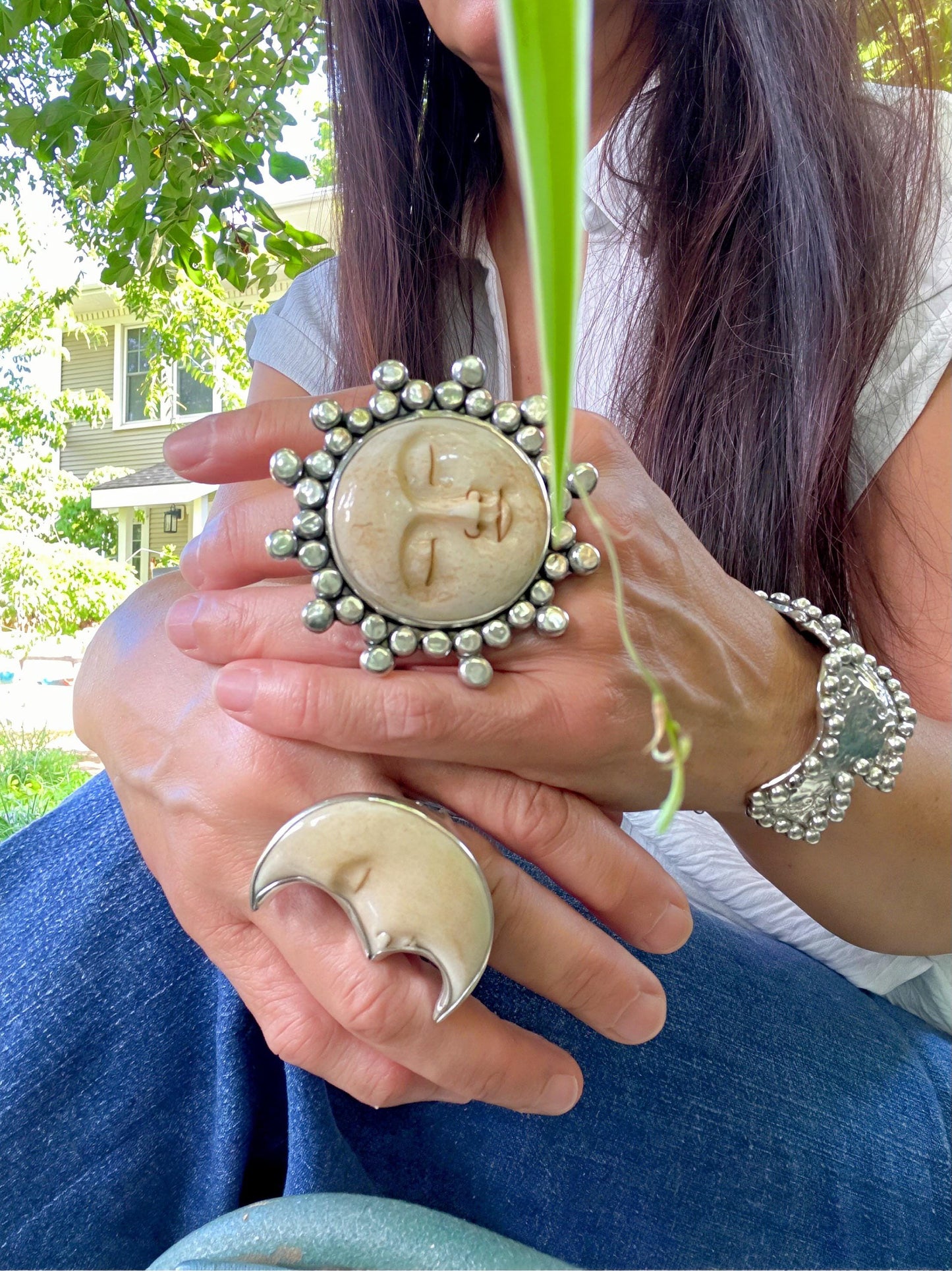 Sterling Statement huge carved sunburst cuff ring 7-9 Colors Of Etnika