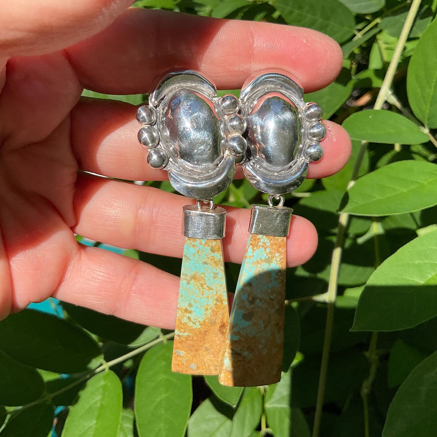 Sterling Silver repousse turquoise long dangle earrings Colors Of Etnika