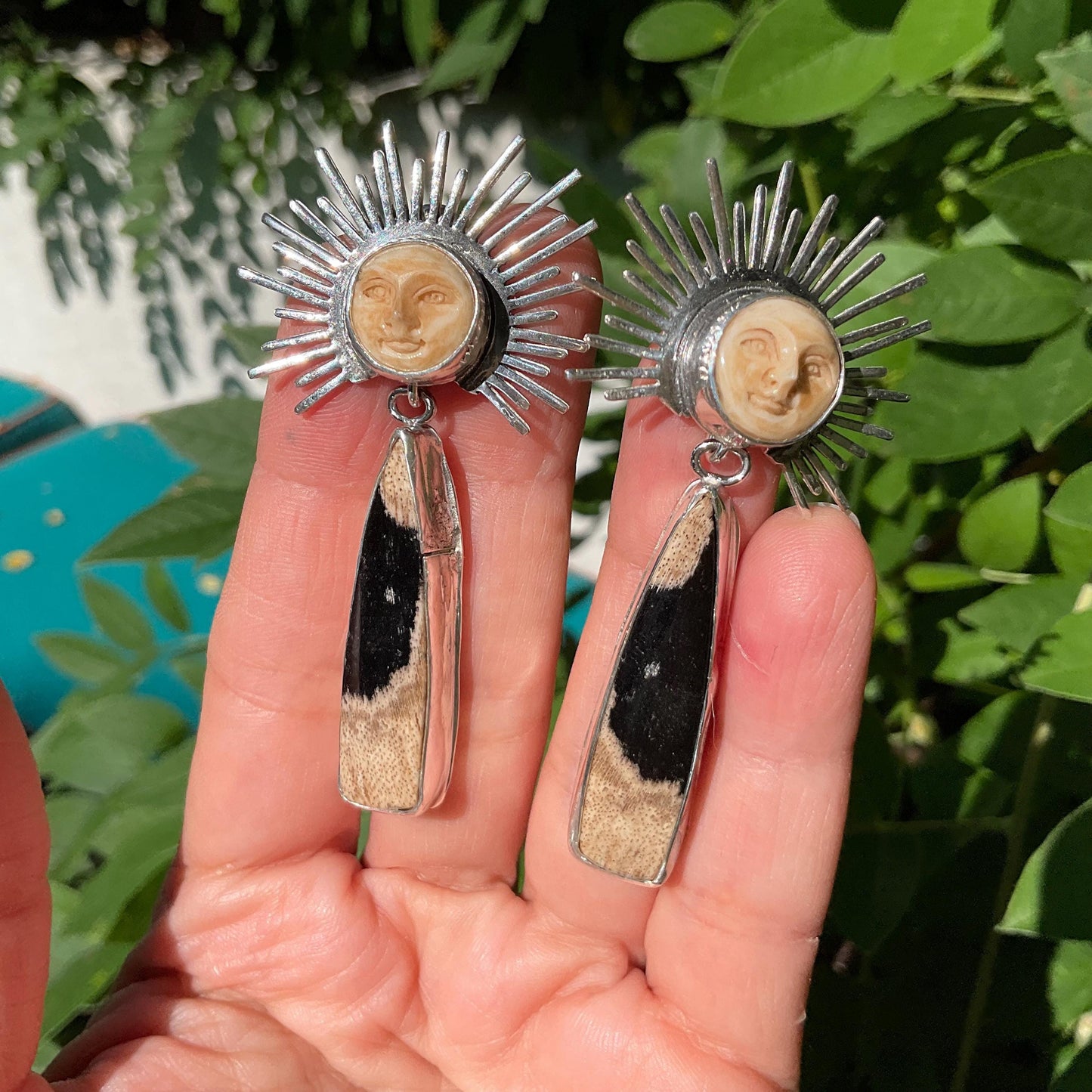 Sterling Silver carved sunburst long dangle earrings Colors Of Etnika