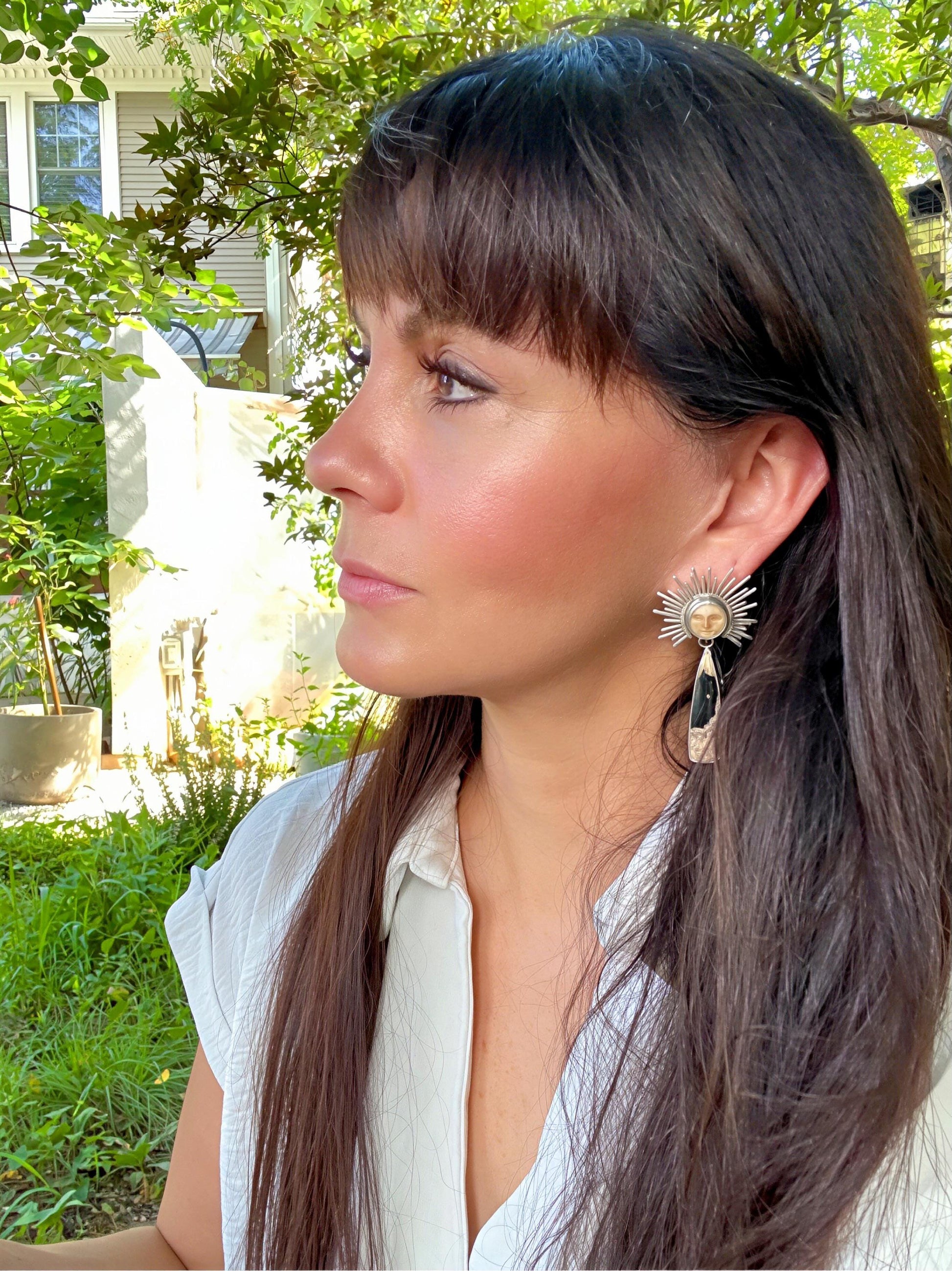 Sterling Silver carved sunburst long dangle earrings Colors Of Etnika