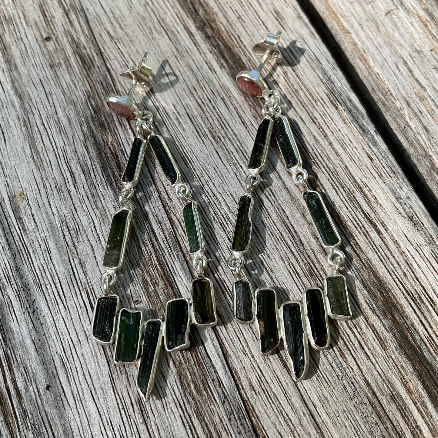 Artisan Sterling Silver rough green tourmaline dangle earrings Colors Of Etnika