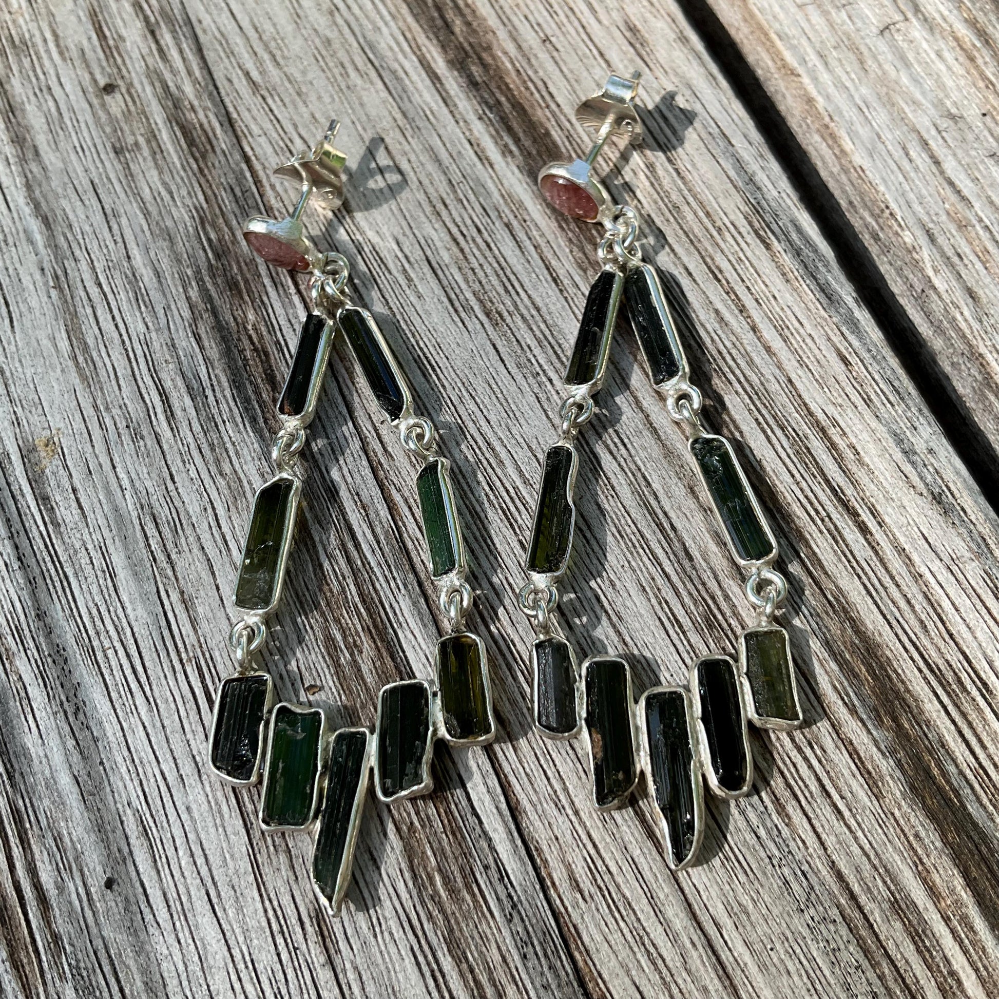 Artisan Sterling Silver rough green tourmaline dangle earrings Colors Of Etnika