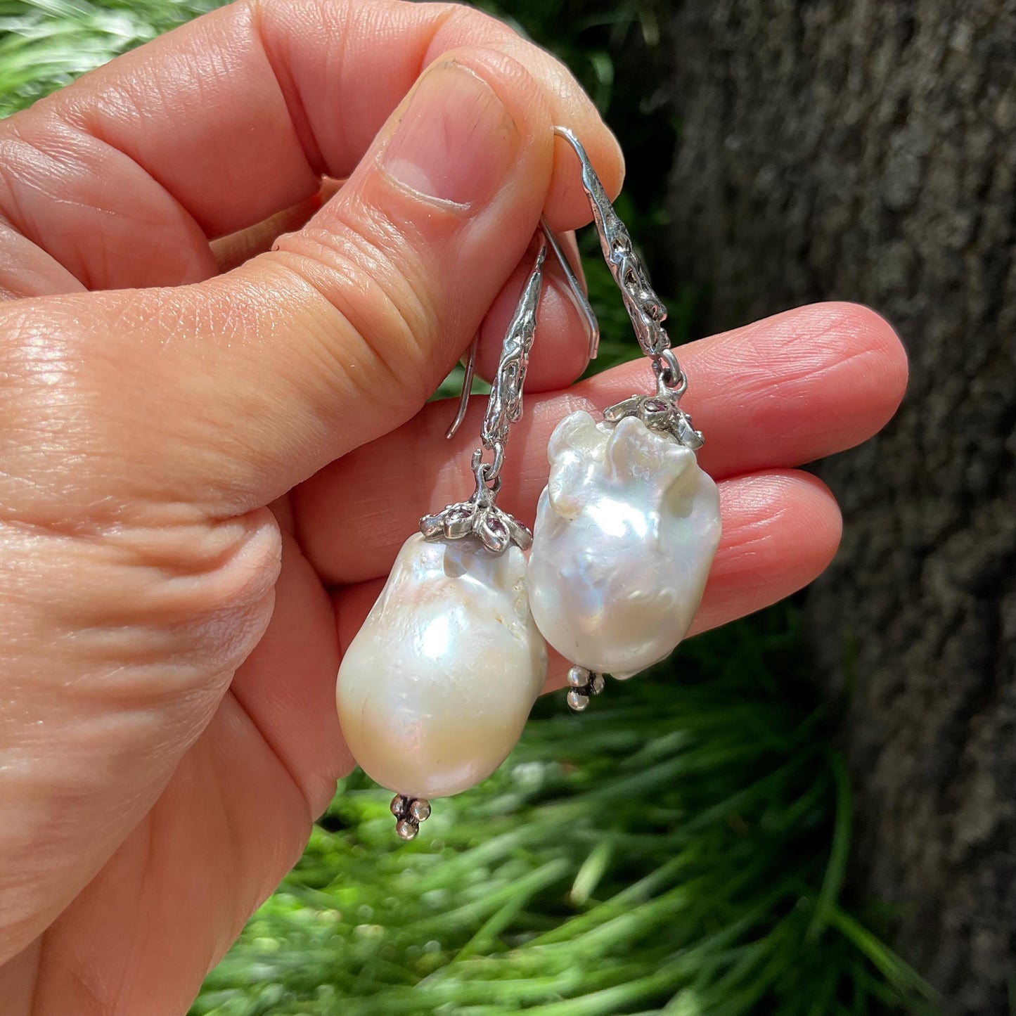 Sterling Silver white natural baroque pearl Rhodolite Earrings Colors Of Etnika