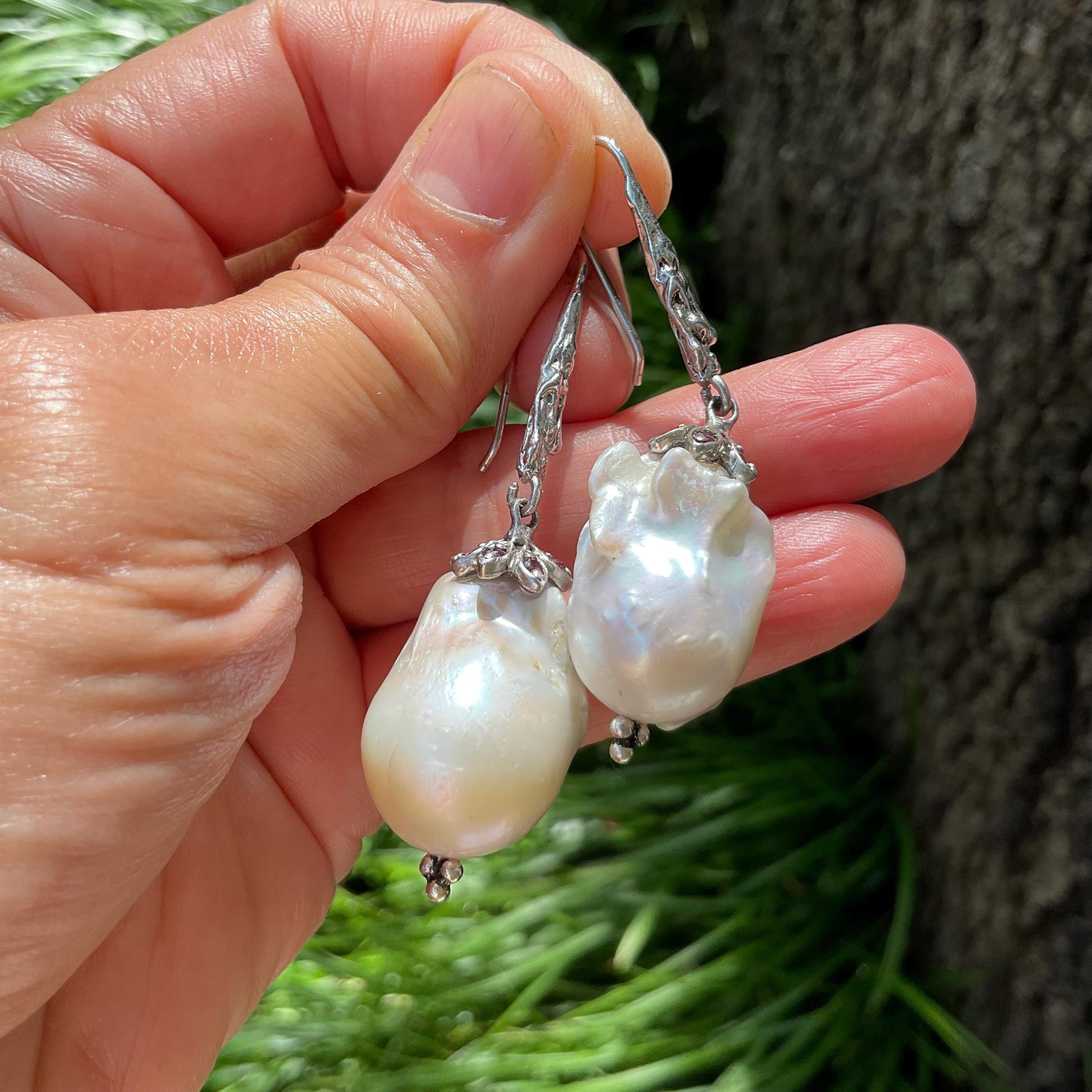 Sterling Silver white natural baroque pearl Rhodolite Earrings Colors Of Etnika