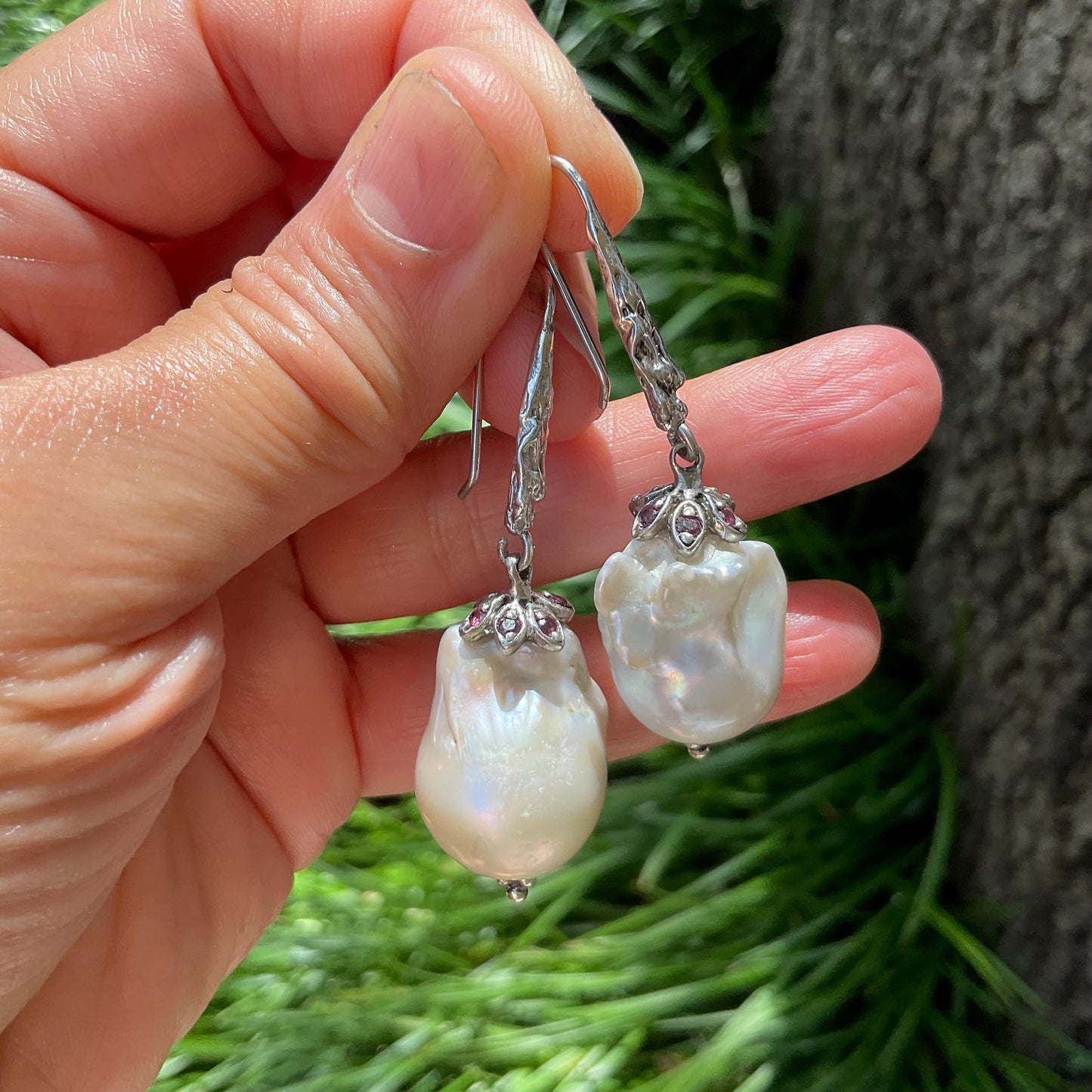 Sterling Silver white natural baroque pearl Rhodolite Earrings Colors Of Etnika