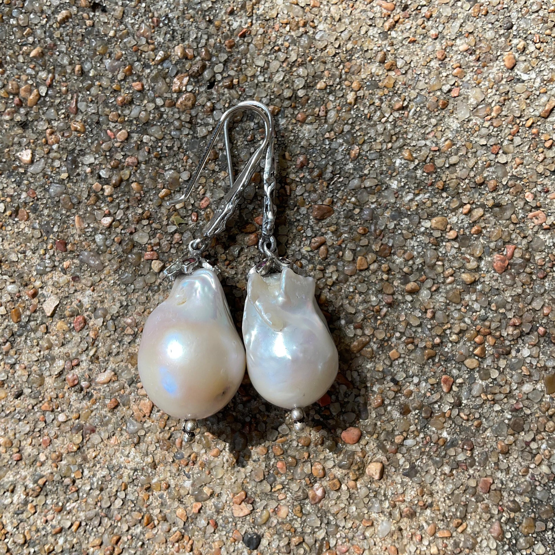 Sterling Silver white natural baroque pearl Rhodolite Earrings Colors Of Etnika