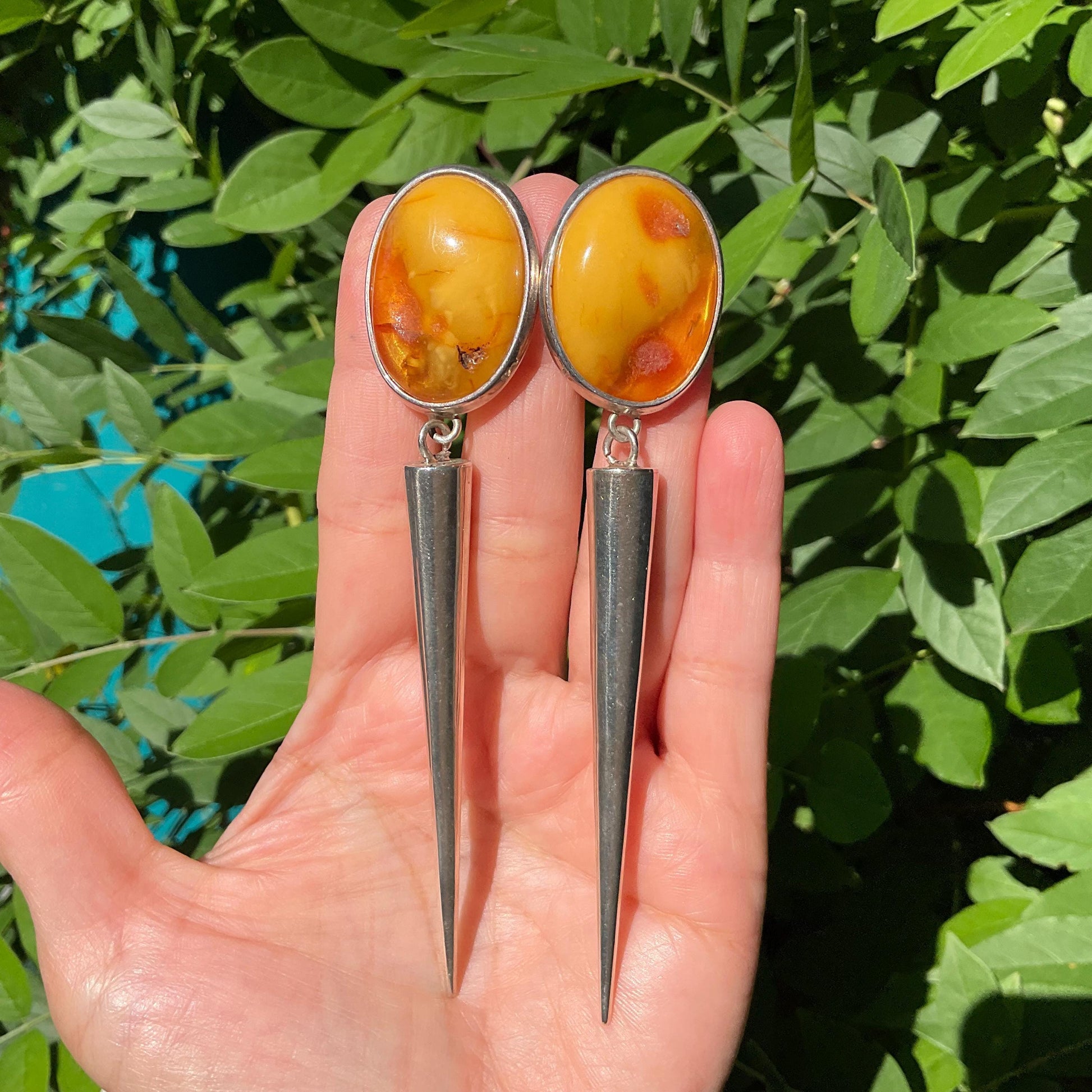 Sterling Silver butterscotch amber long dangle spike earrings 4.5” long Colors Of Etnika