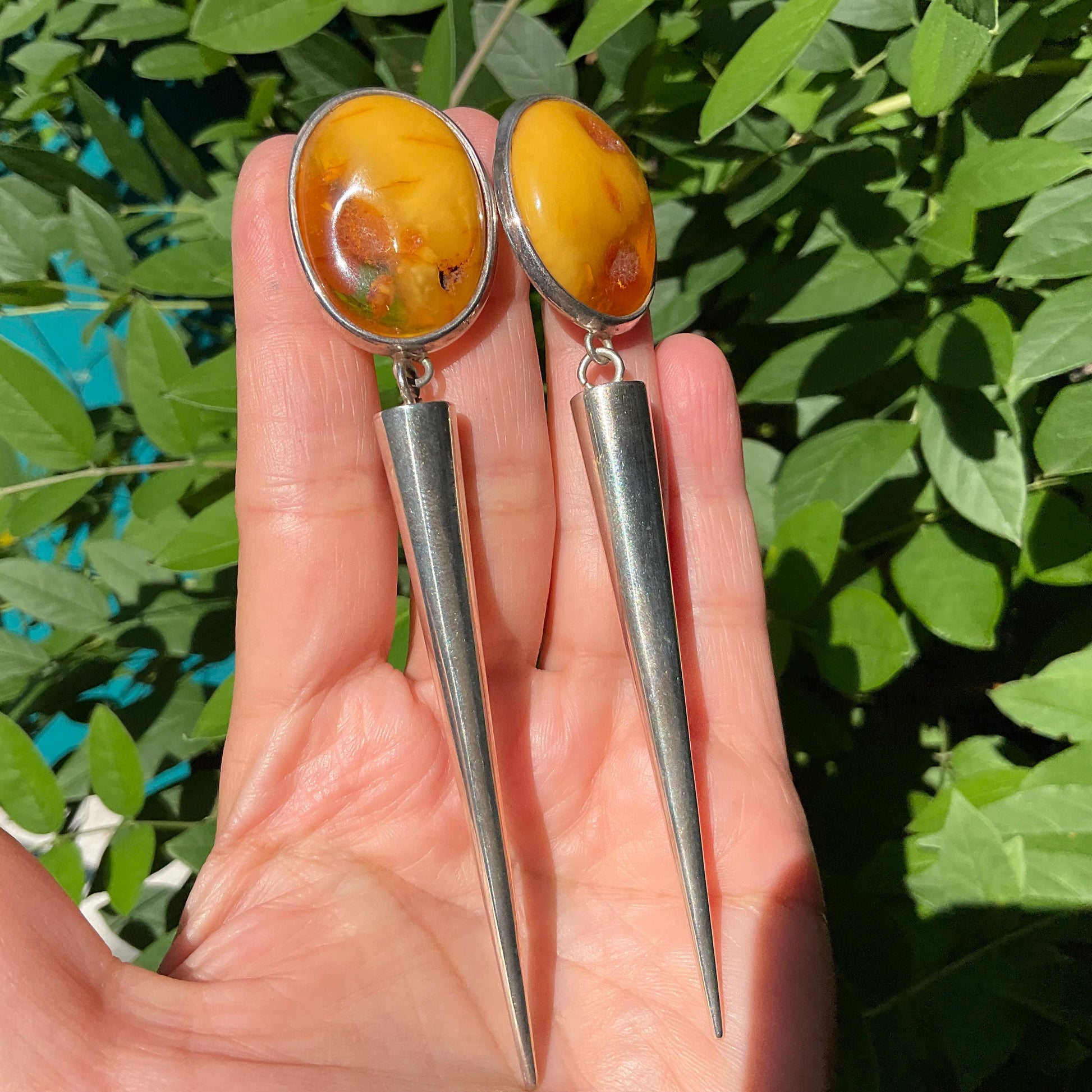 Sterling Silver butterscotch amber long dangle spike earrings 4.5” long Colors Of Etnika
