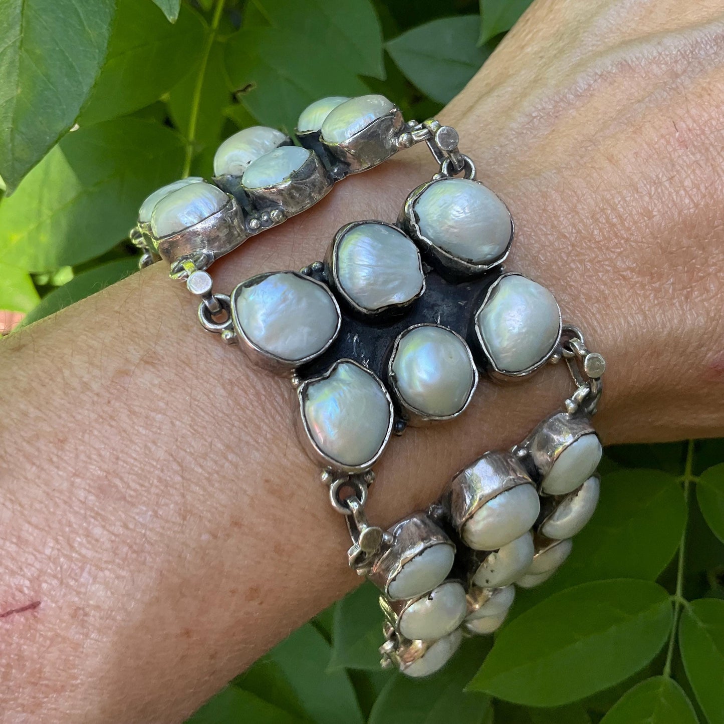 sterling silver statement natural white pearl cluster bracelet Colors Of Etnika