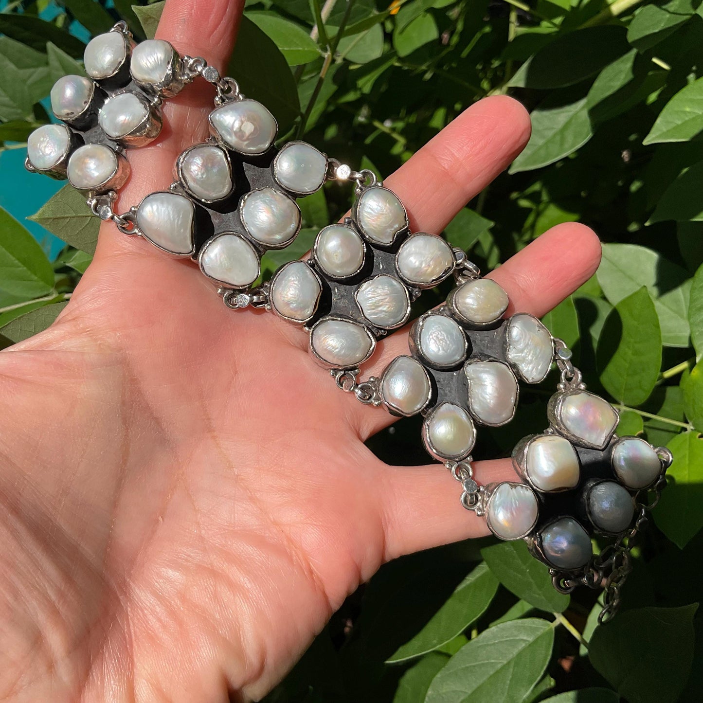 sterling silver statement natural white pearl cluster bracelet Colors Of Etnika