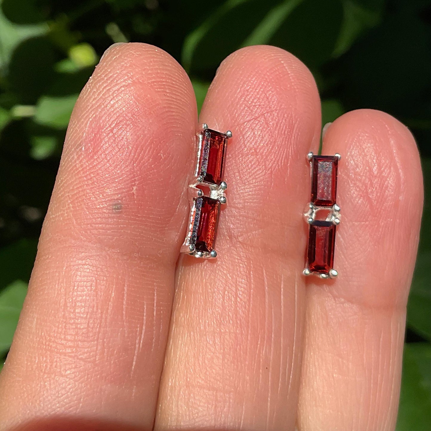 sterling Silver natural Red garnet baguette post earrings Colors Of Etnika